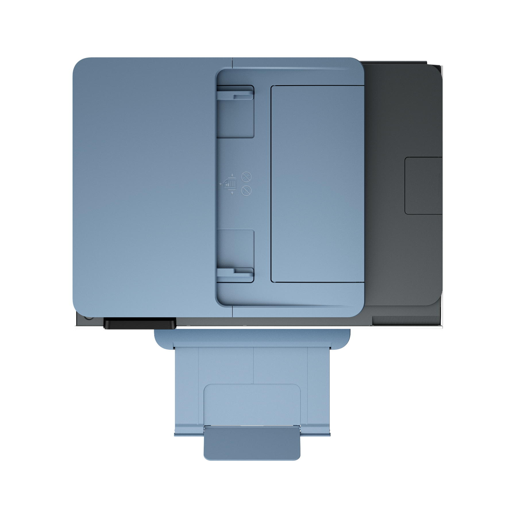 Top view of a blue printer with a black top on a black surface.