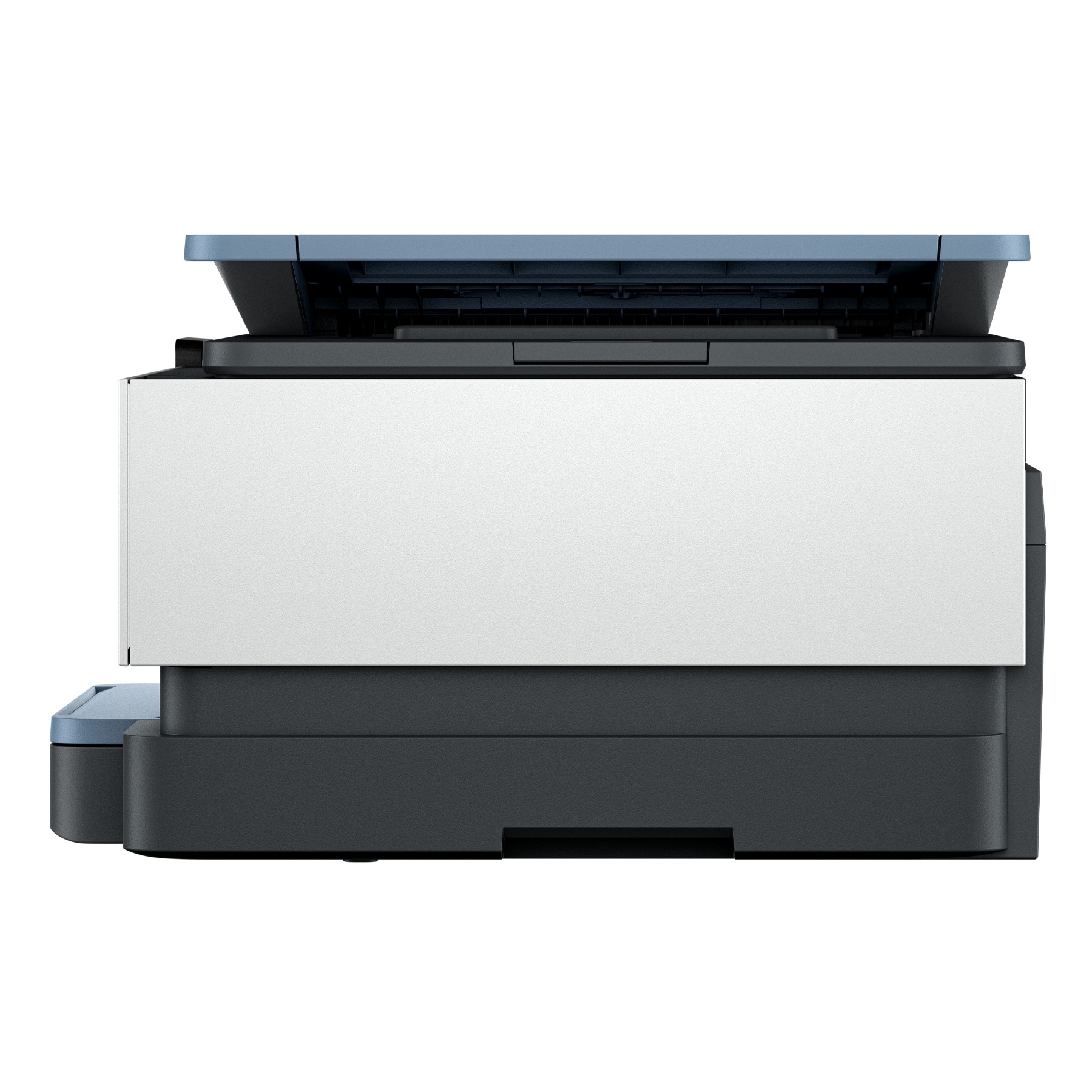A side view of a printer with a white body and a blue top.