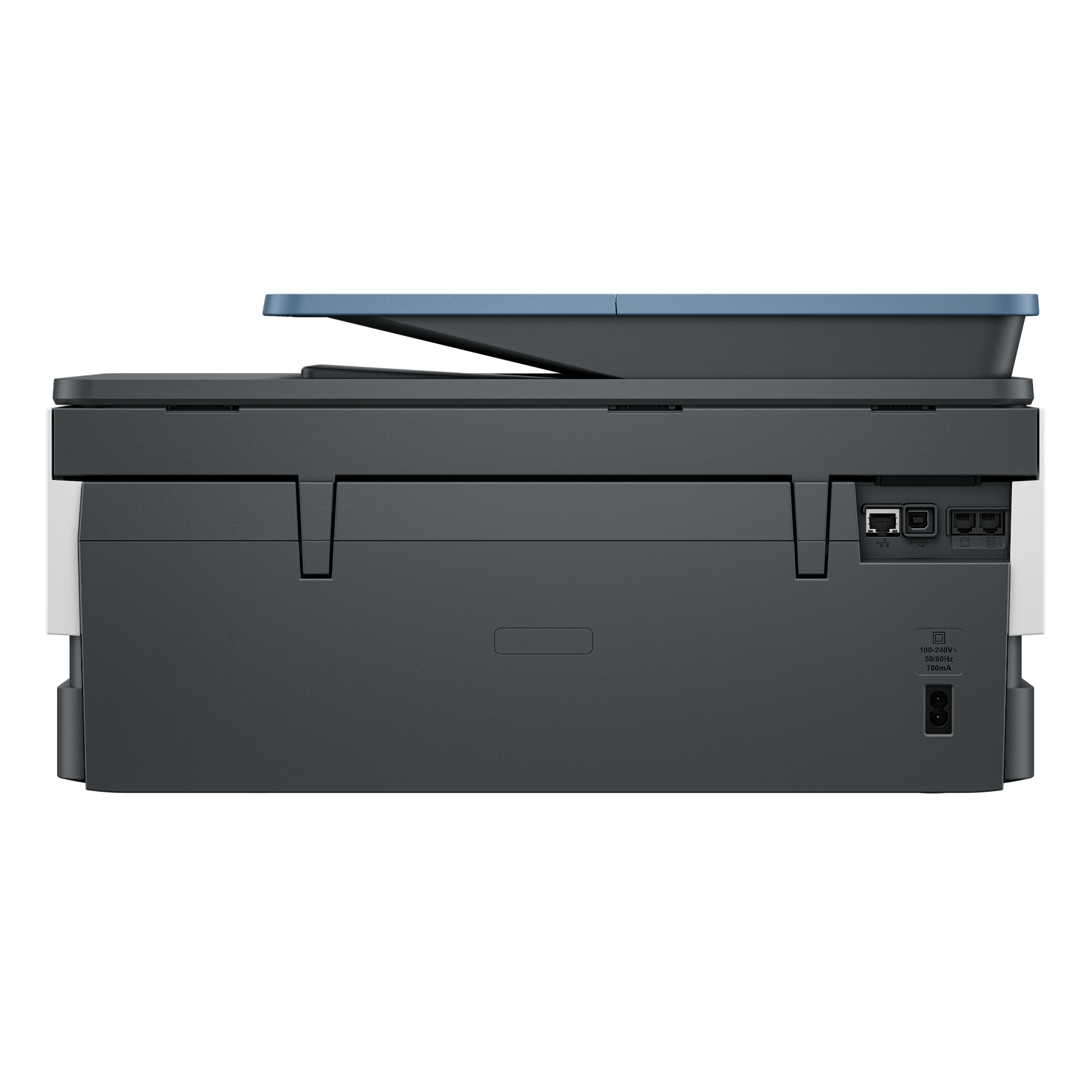 Back view of a black and blue printer. Shows ports, power, and a blue top.