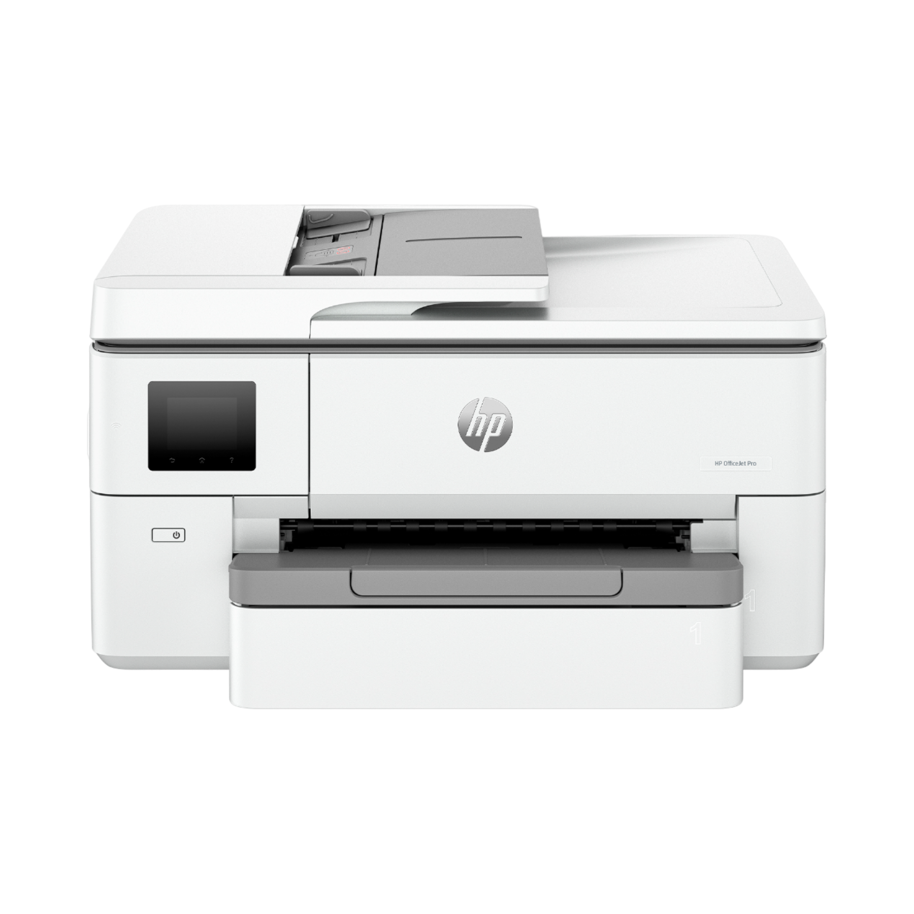 White HP printer on a black surface.