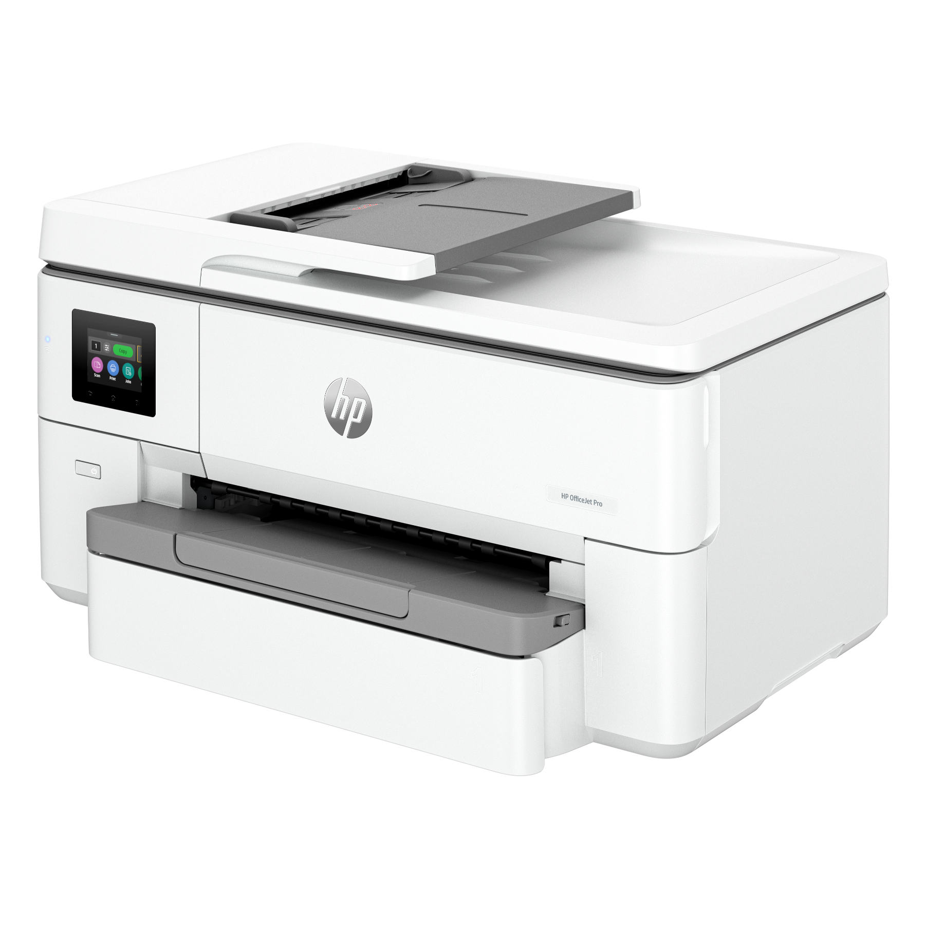 A white HP printer with a gray paper tray, the printer is on a black surface.