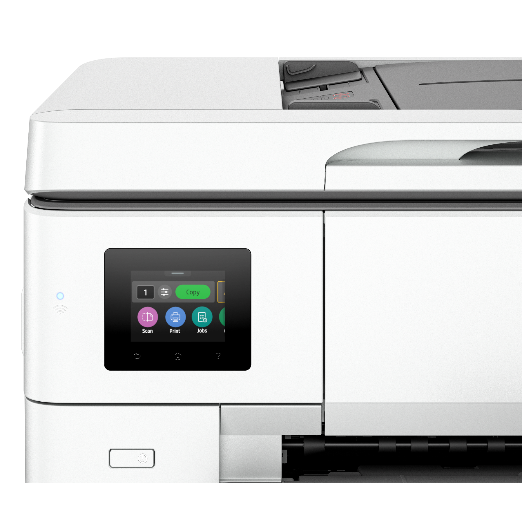 Close-up of a white printer control panel with touchscreen and icons.
