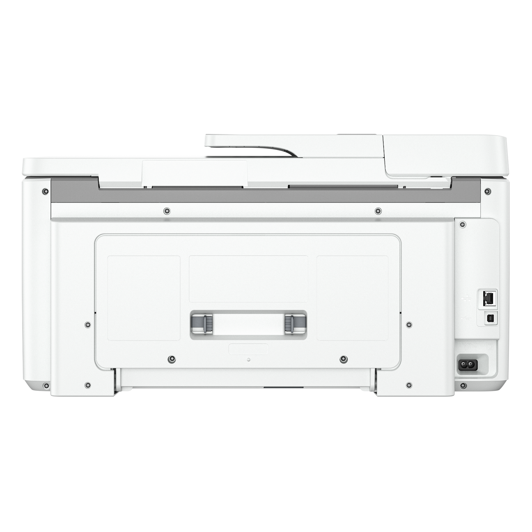 The back of a white printer. The top and back panels are visible, along with ports.