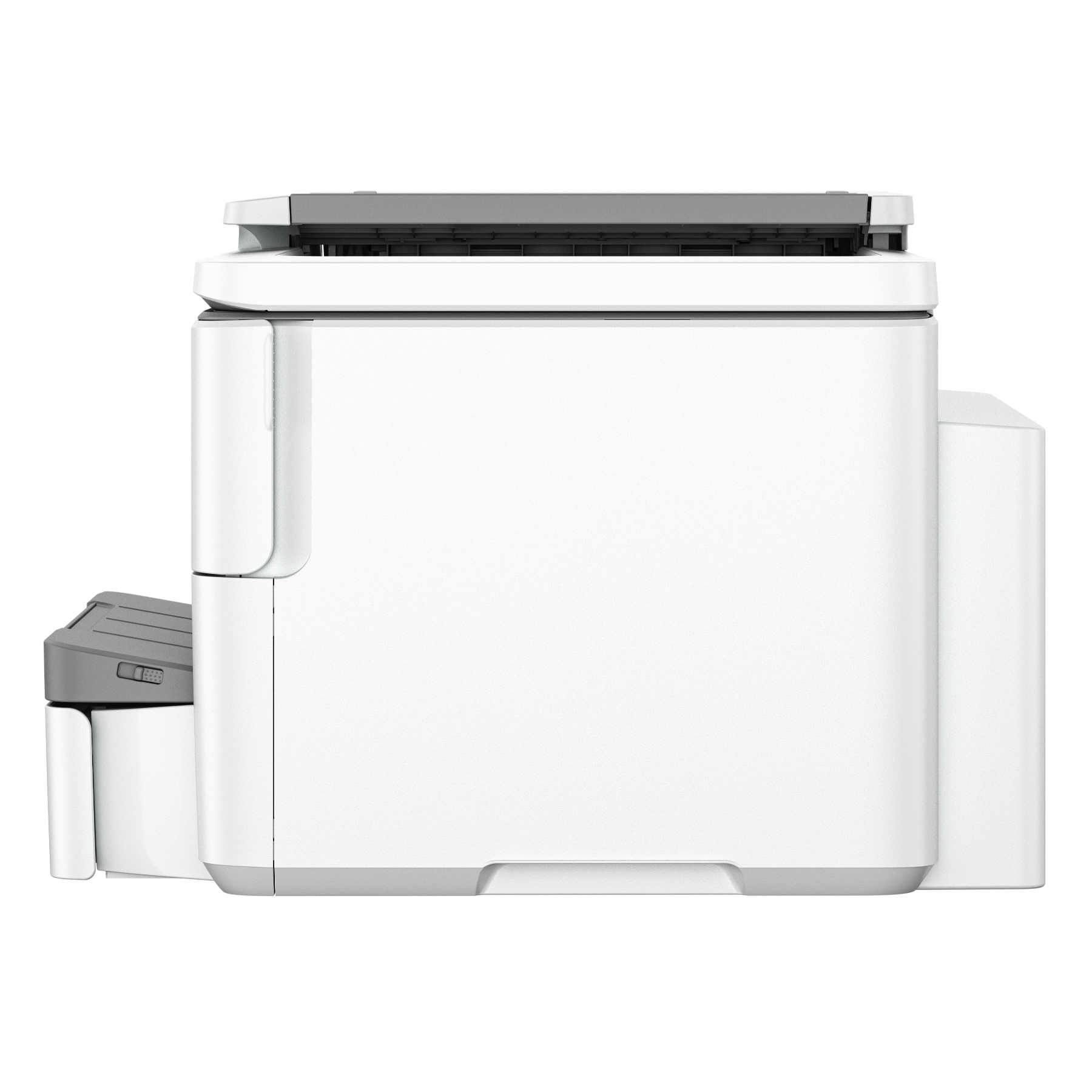 White and gray printer. Side view with paper tray. Black background.