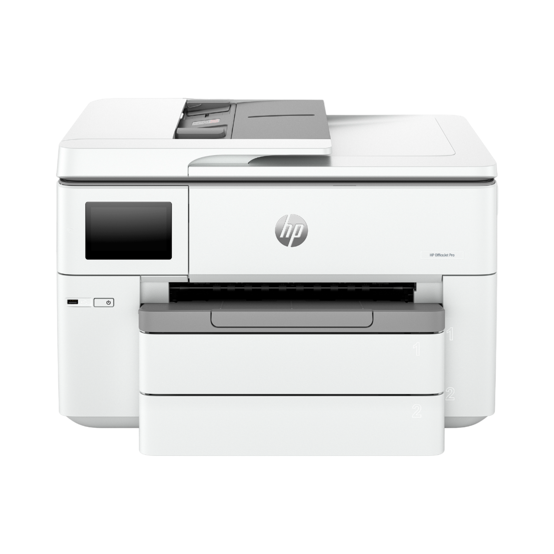 Een witte HP OfficeJet Pro printer op een zwarte achtergrond, vooraanzicht, met een scherm en lade.