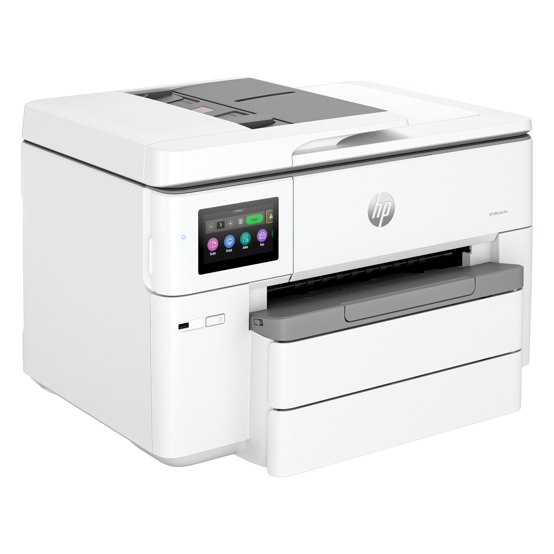 Witte HP printer met een scherm, scanner en papierlade. Donkere achtergrond.