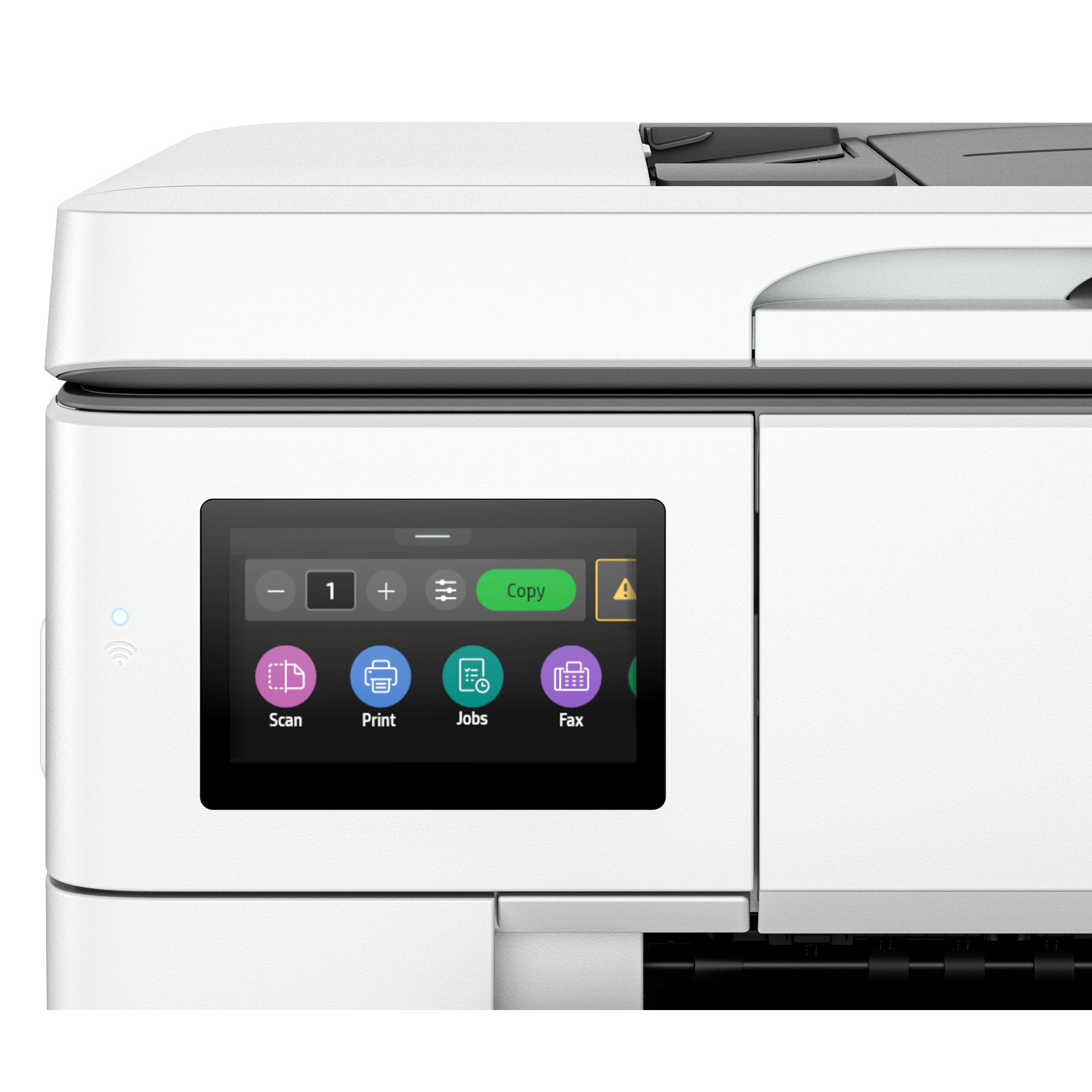Een witte printer met een touchscreen met de opties: Scannen, Afdrukken, Taken, Faxen en Kopiëren.