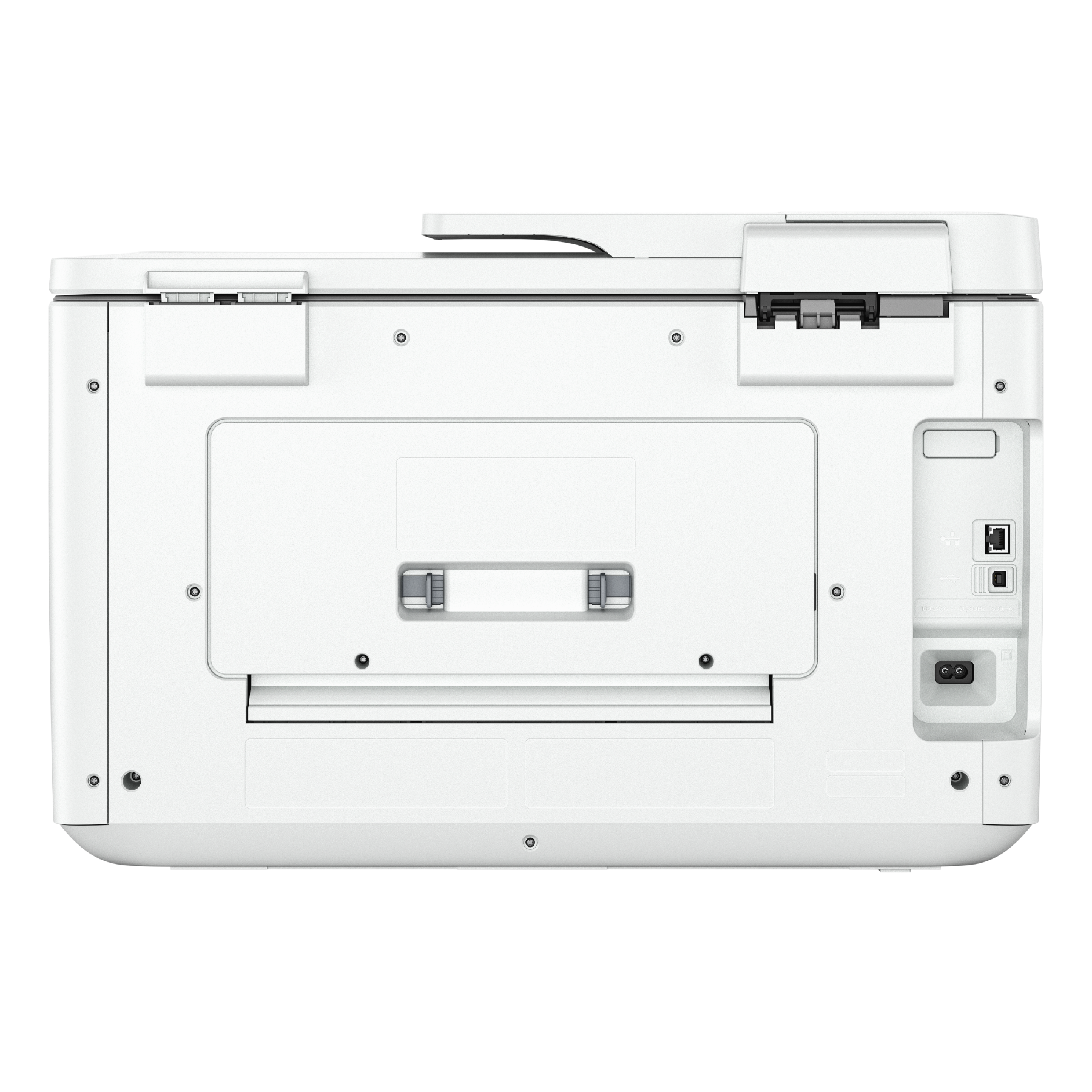 Achterkant van een witte printer. Hij heeft verschillende poorten, een stroomkabelingang en een hoofdtoegangspaneel.