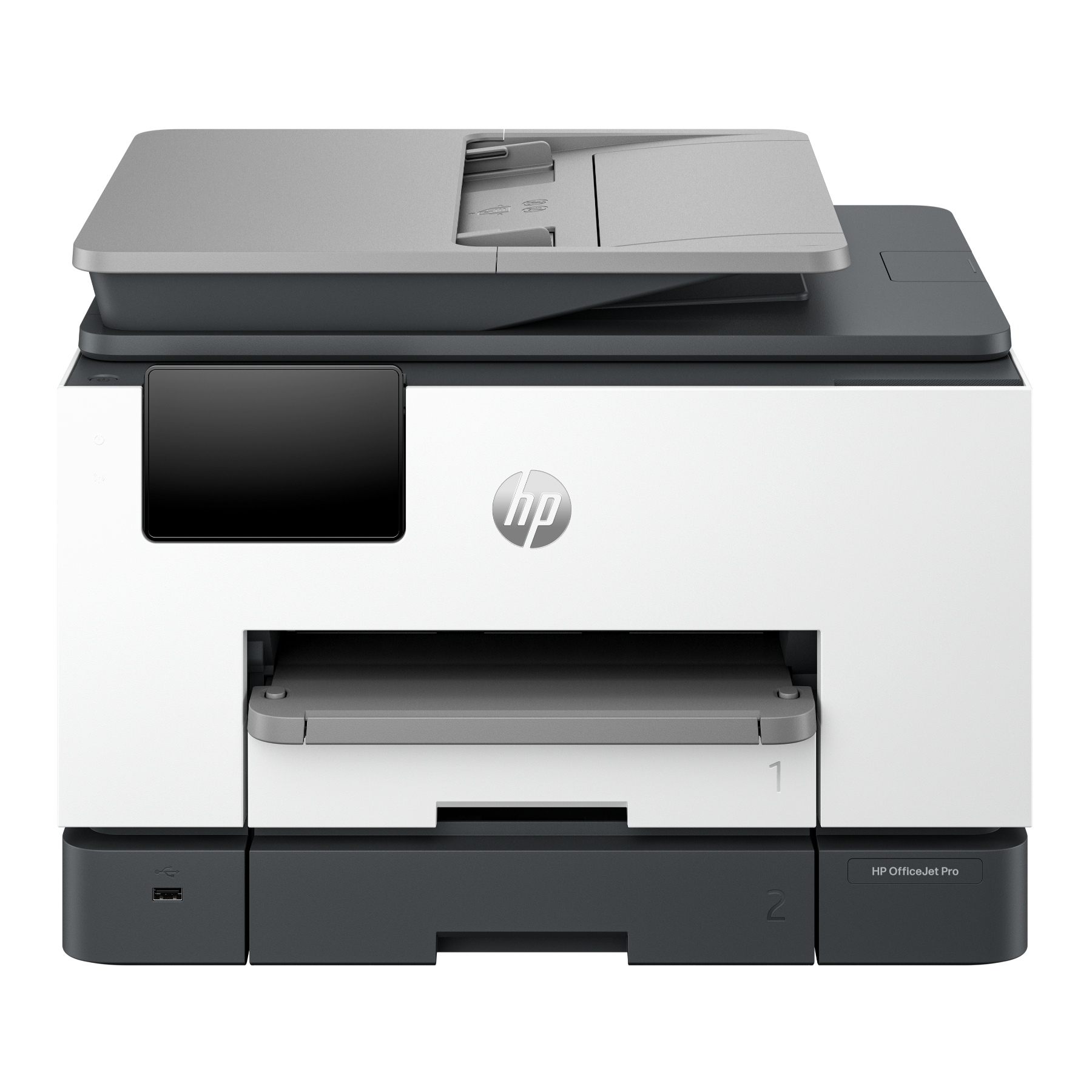 Een witte en grijze printer met een zwart scherm, een scanner en het HP-logo.