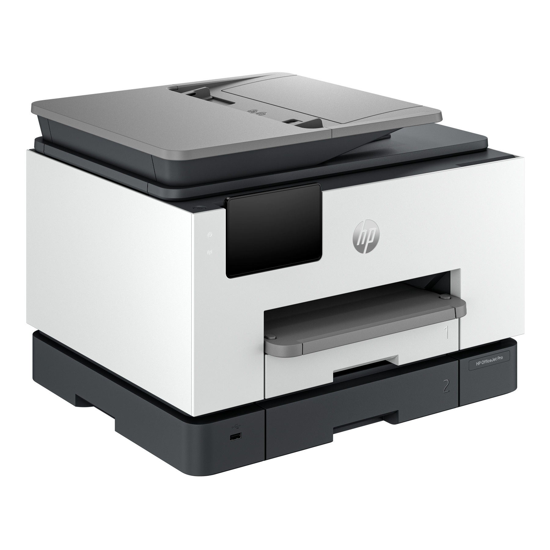 Witte en grijze HP-printer. De printer staat op een donkergrijze achtergrond.