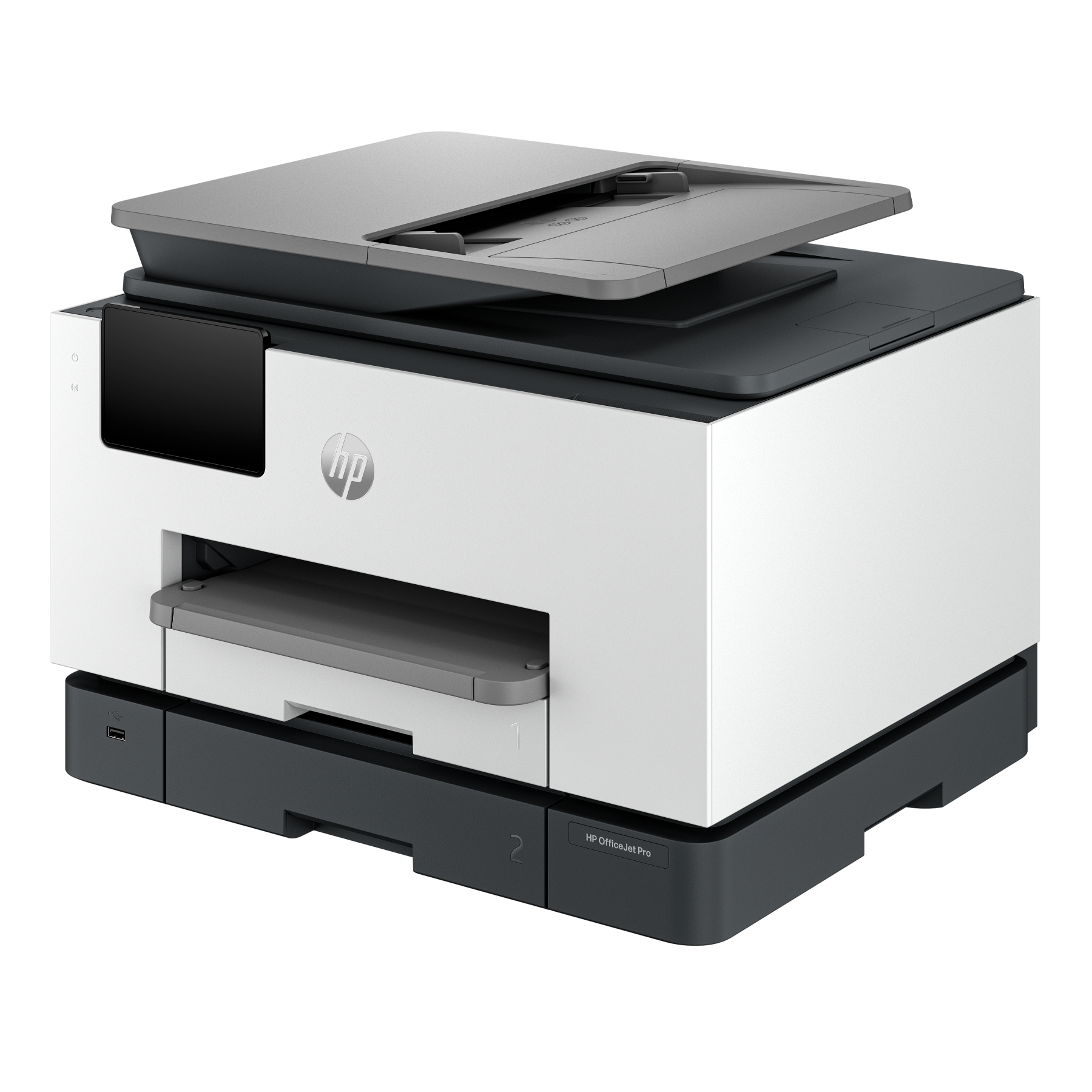 Witte en grijze HP OfficeJet Pro printer. Bovenste lade open. Zwart bedieningspaneel links.