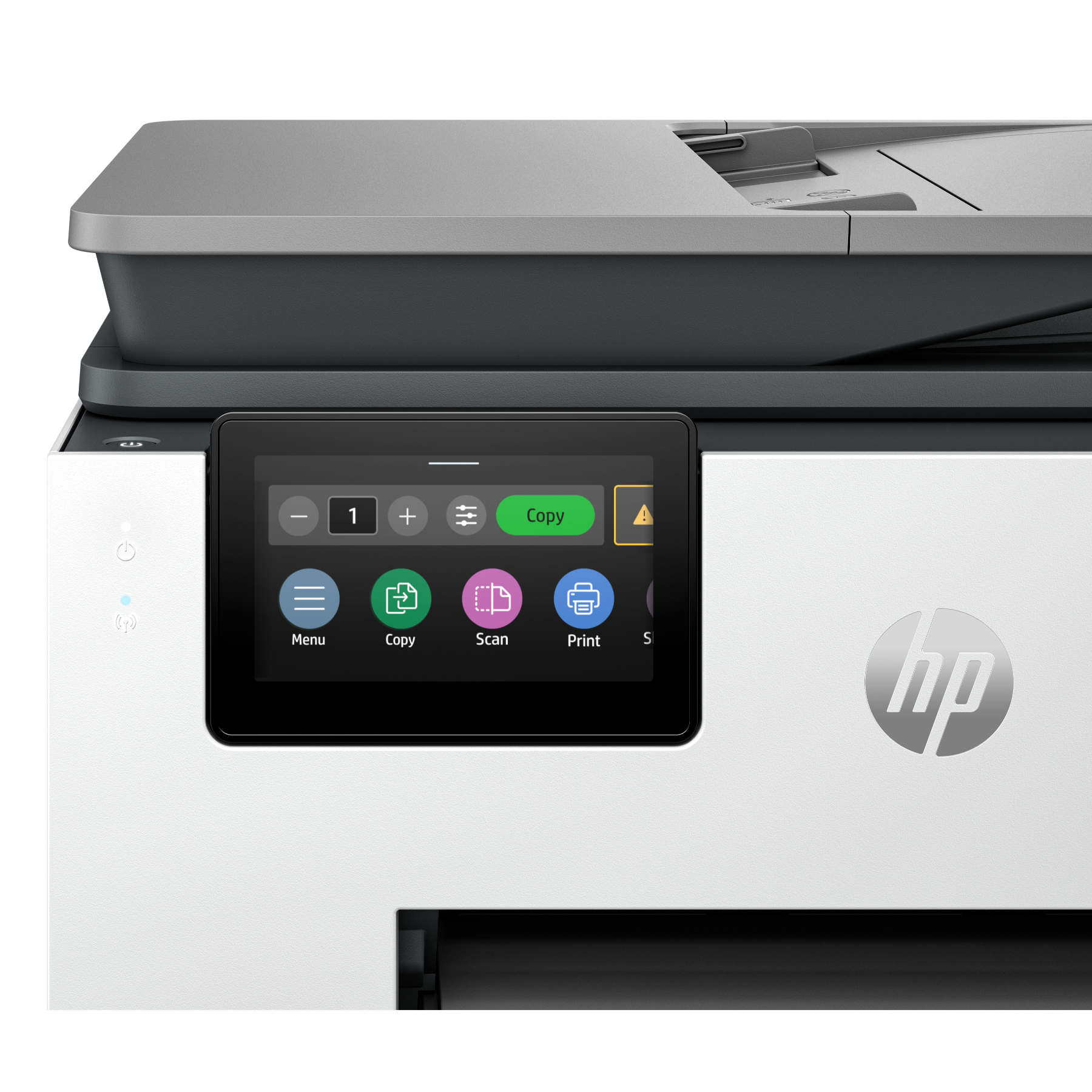 Witte printer met een zwart bedieningspaneel met opties.