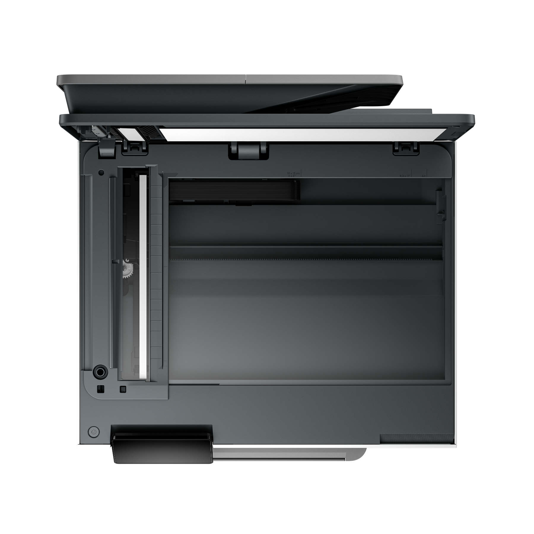 Een open printer, die de binnenkant van het apparaat laat zien, bovenaanzicht.
