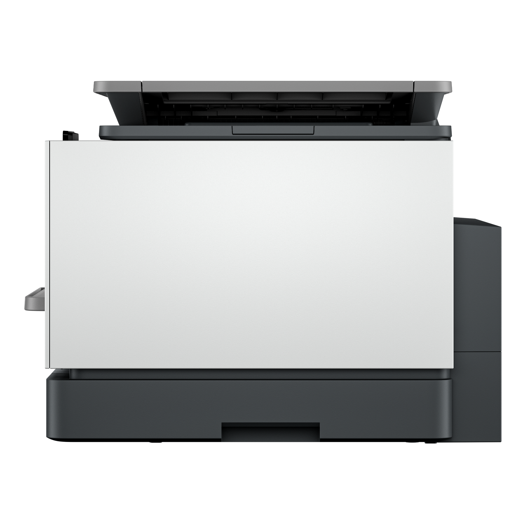 Bovenaanzicht van een wit-grijze printer op een zwarte achtergrond.