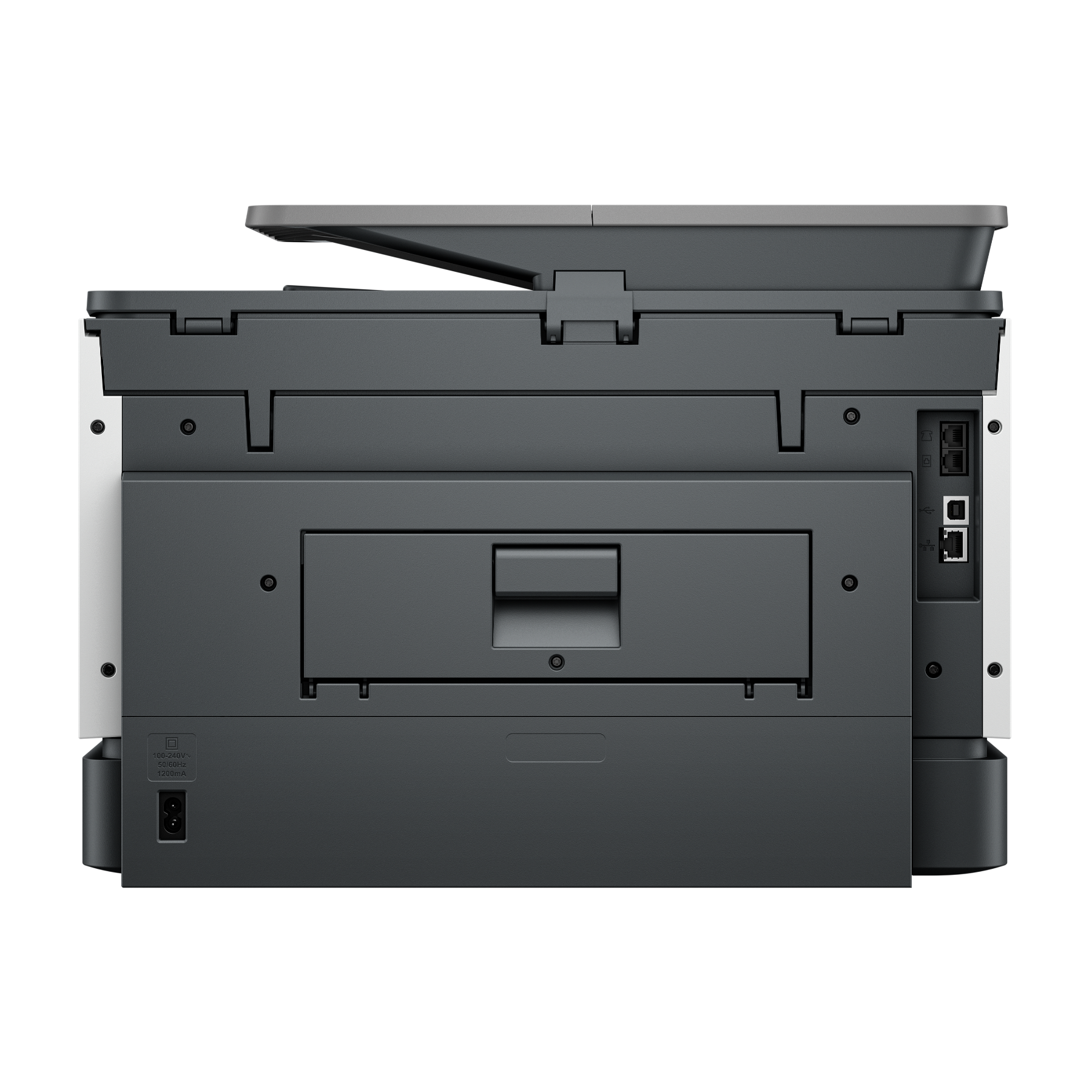 Achteraanzicht van een printer met poorten en een open bovenkant. Zwart ontwerp op zwarte achtergrond.