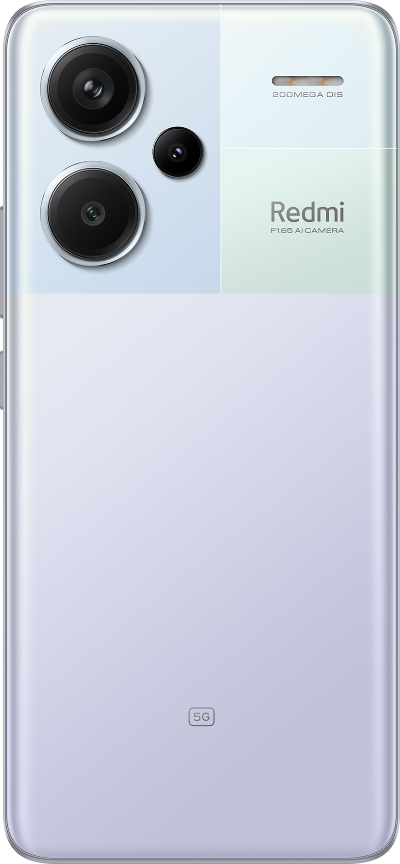 Telefon világoskék felsővel és fehér alsóval, három kamerával és Redmi logóval.