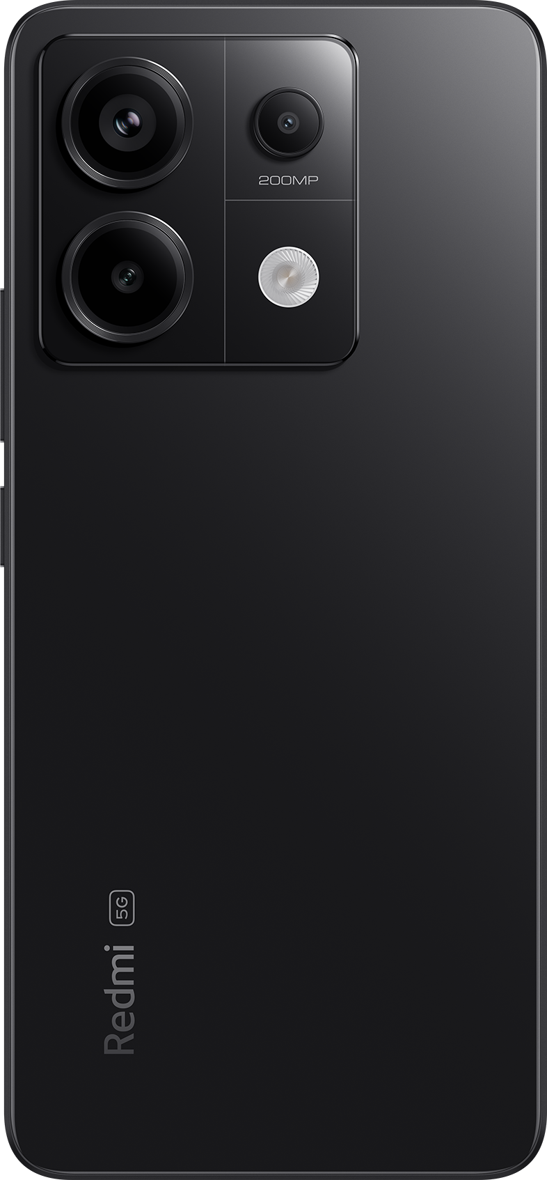 Fekete telefon hátlapja három kamerával és a Redmi 5G logóval, fekete háttér.