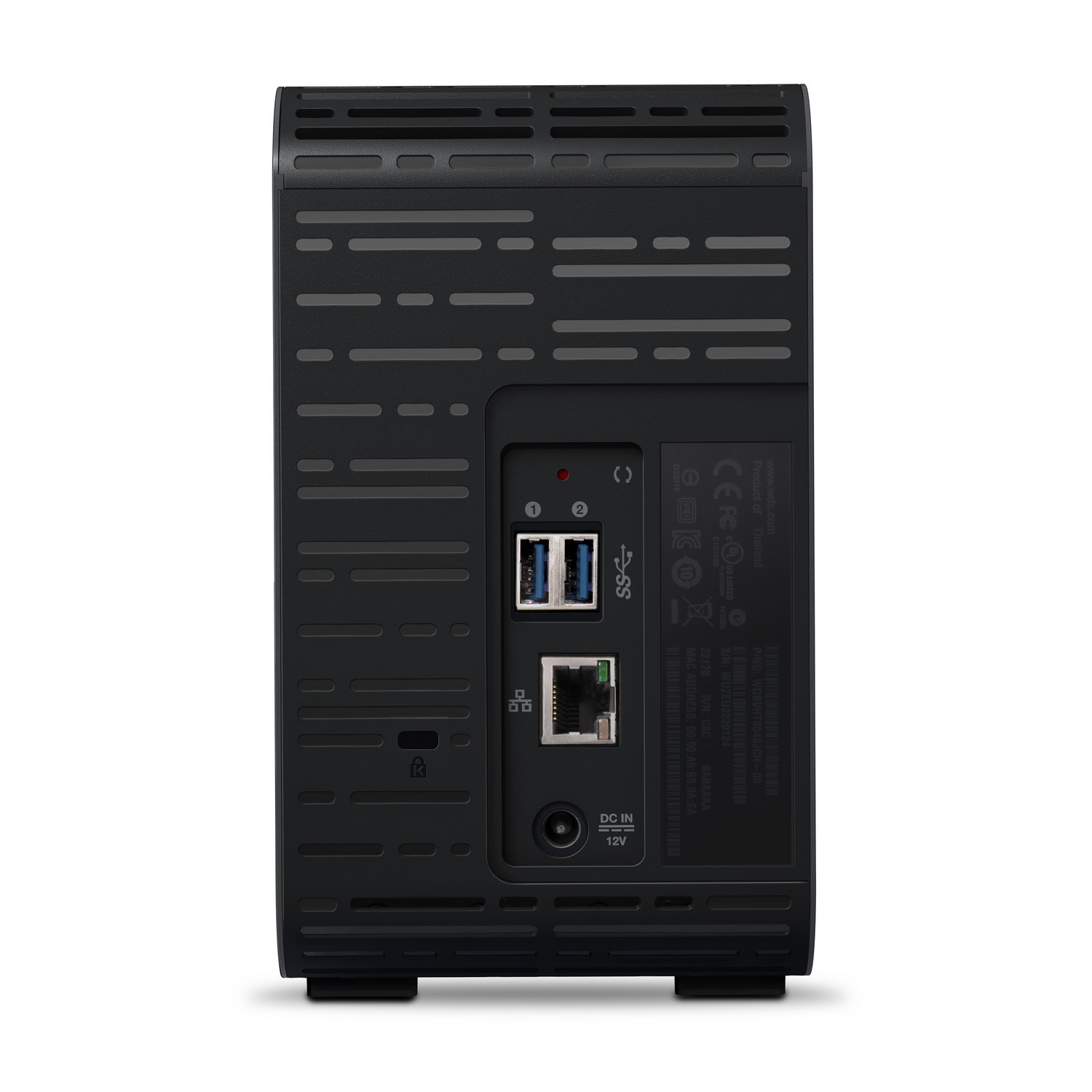 Parte trasera de disco duro externo negro con puertos: USB, Ethernet y DC in.