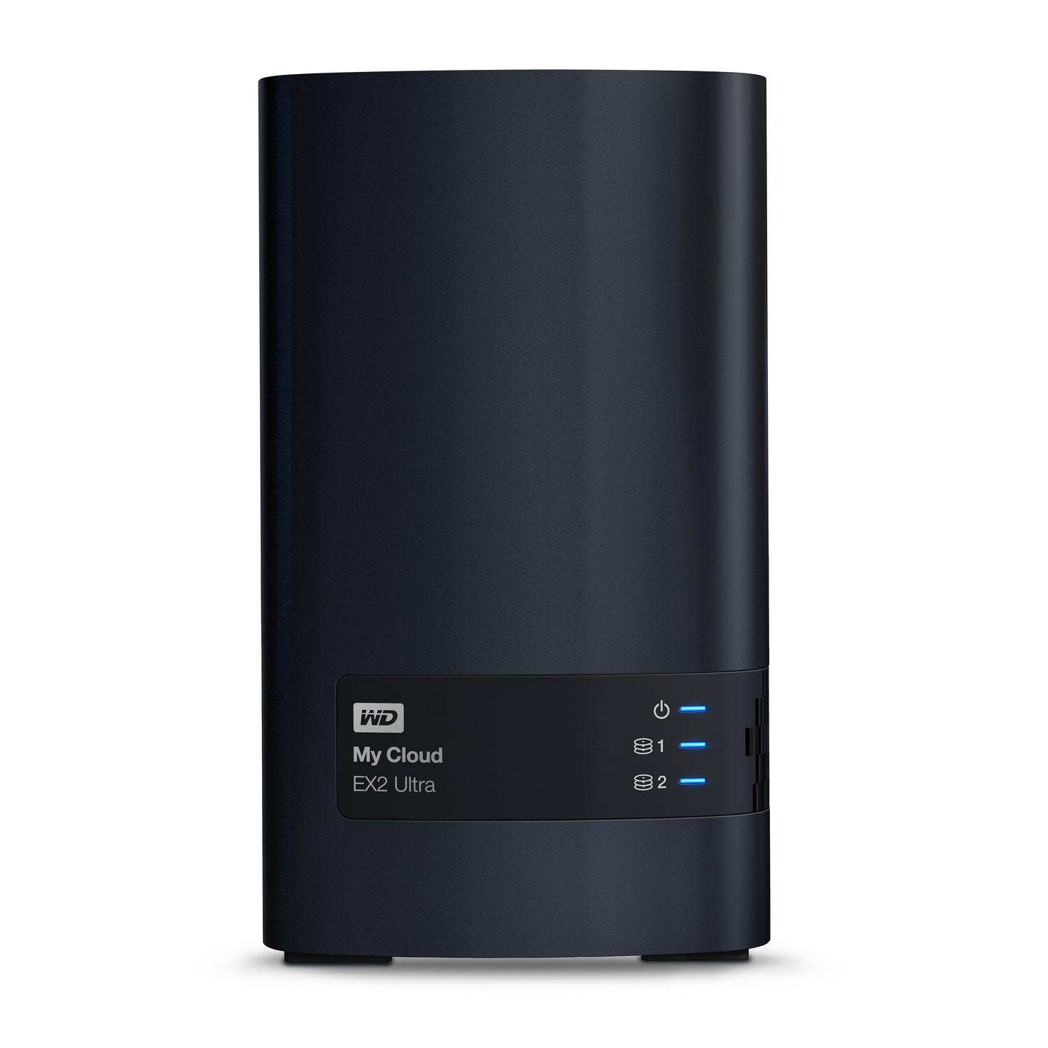 Un dispositivo WD My Cloud EX2 Ultra azul oscuro sobre fondo blanco.