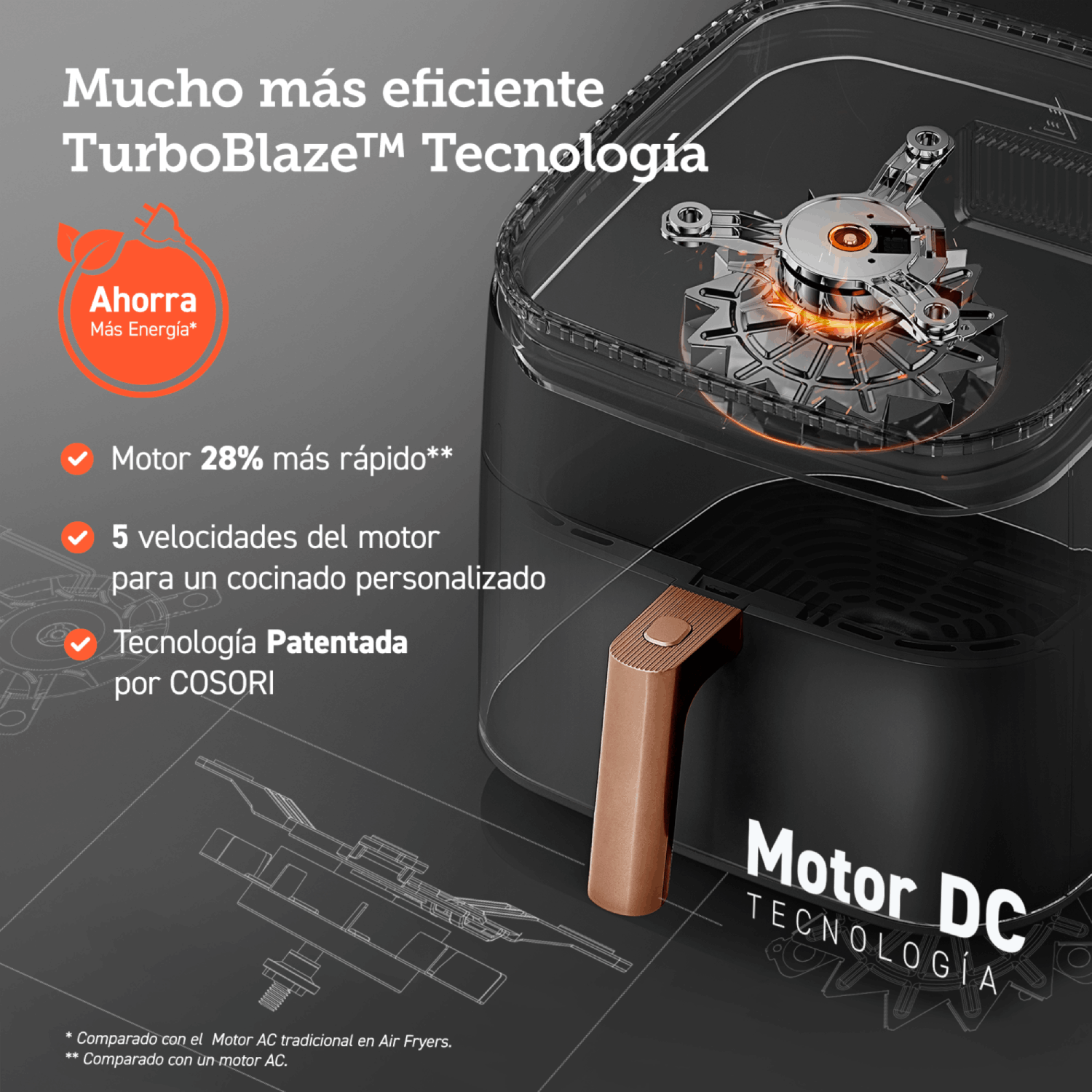Freidora de aire negra con texto y detalles de diseño. Mostrando un motor y un asa.