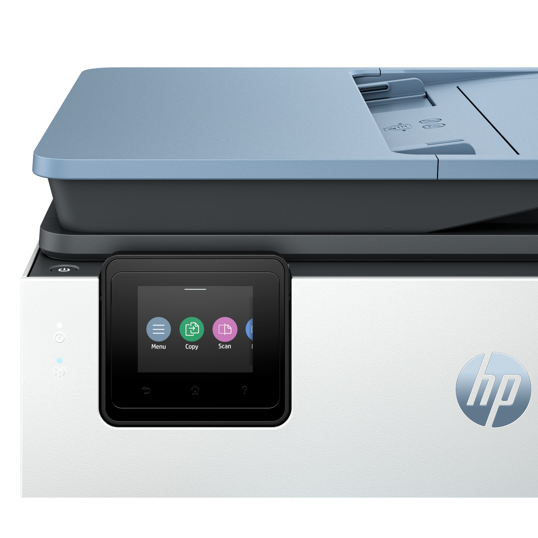 Witte printer met touchscreen op zwarte achtergrond. HP-logo zichtbaar, close-up.