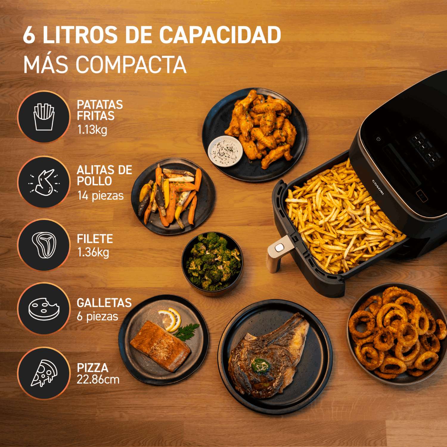 Freidora de aire con varios alimentos en platos, mesa de madera.