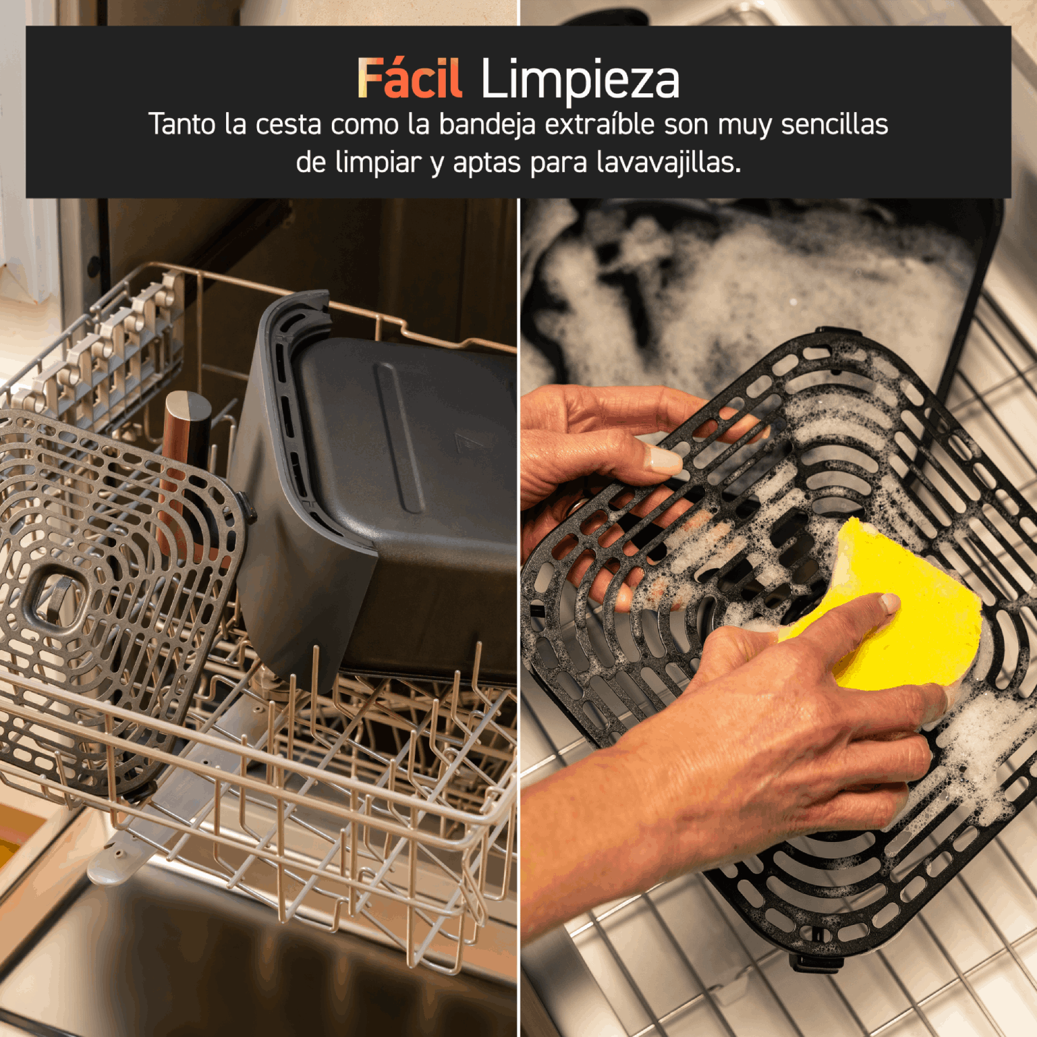 Cesta de freidora de aire en un lavavajillas y lavándose con una esponja.