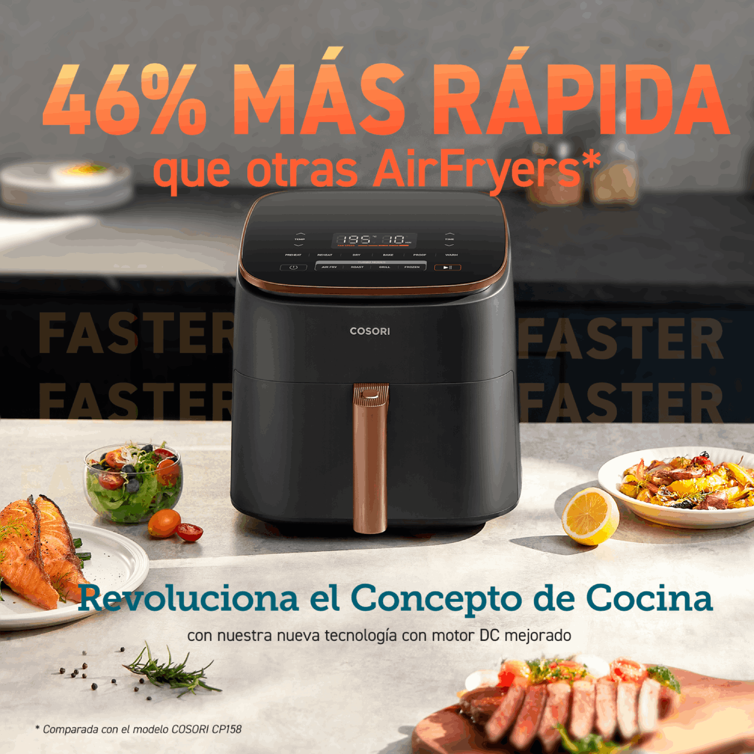 Freidora de aire negra con detalles dorados, comida en platos y el texto '46% MÁS RÁPIDA'.
