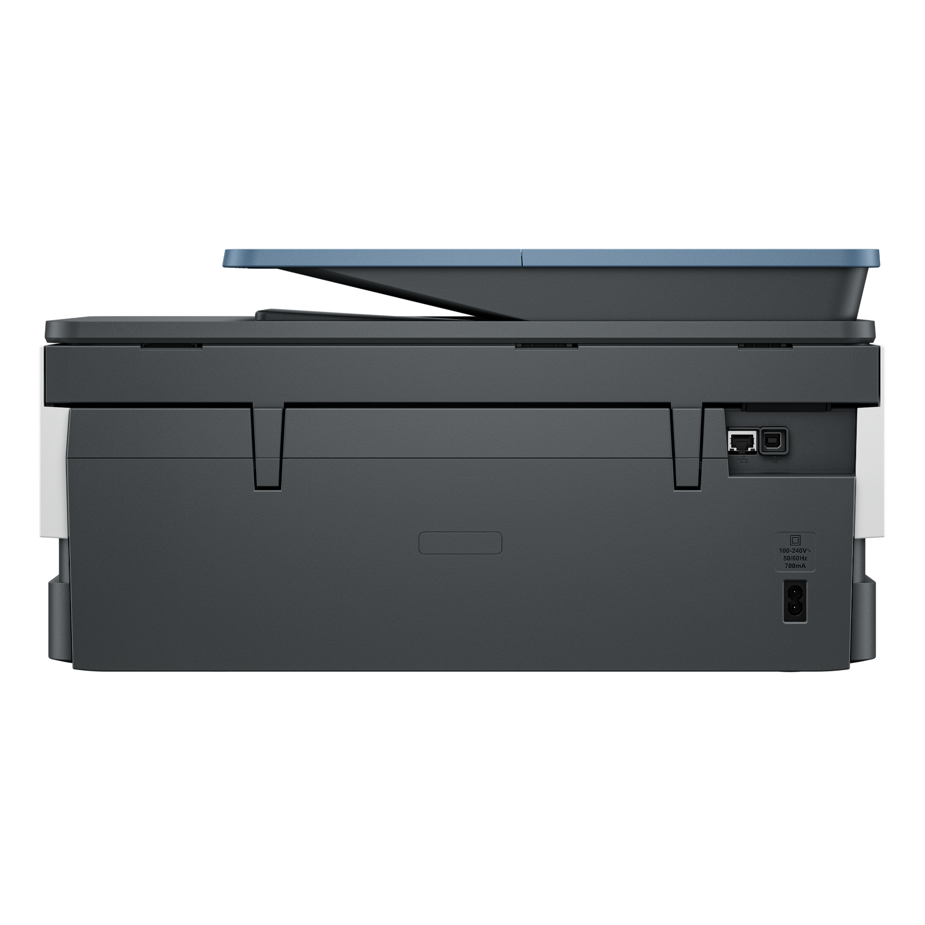Een printer, donkergrijs en blauw, van achteren gezien, met poorten en een stopcontact.