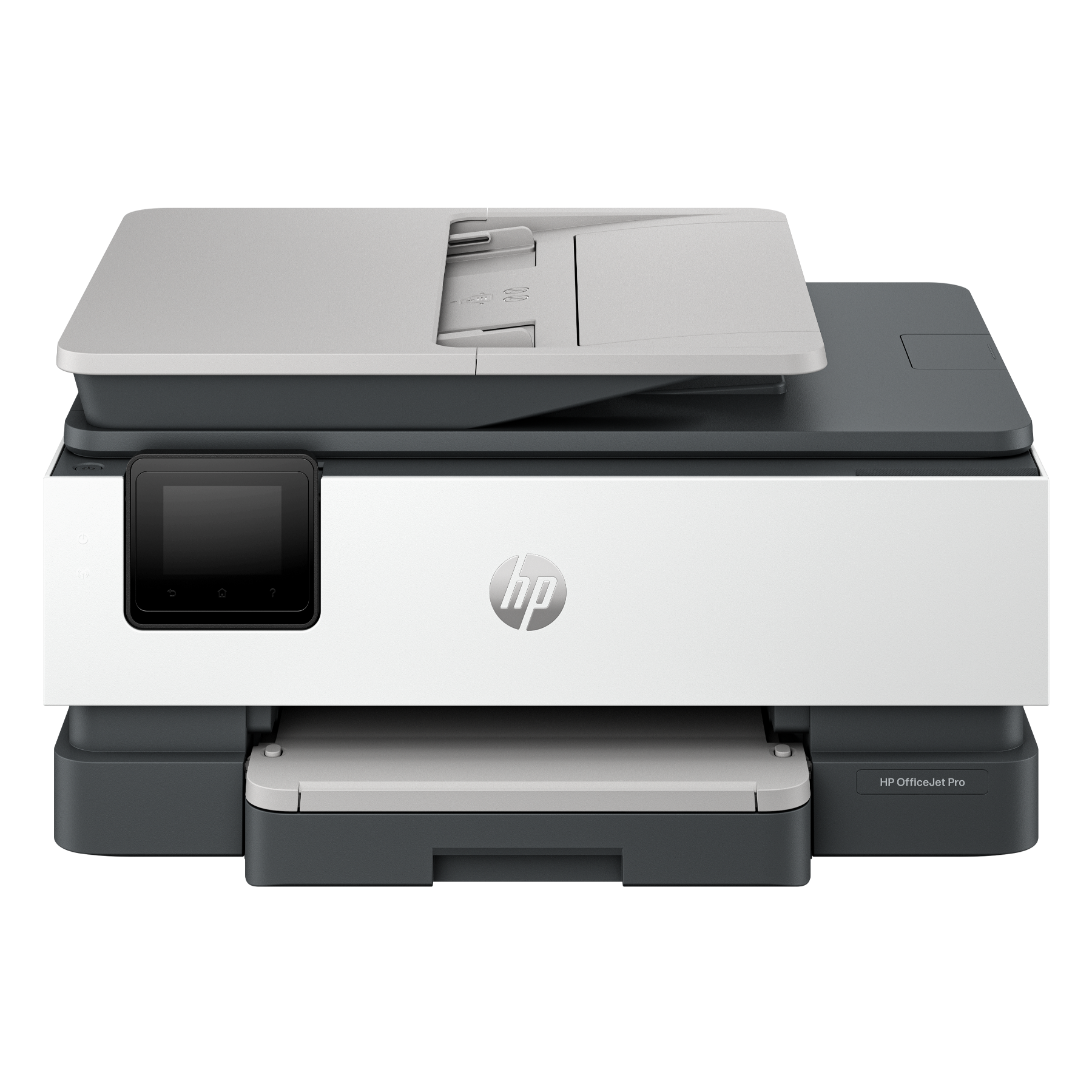 Witte en grijze HP OfficeJet Pro-printer op een zwarte achtergrond.