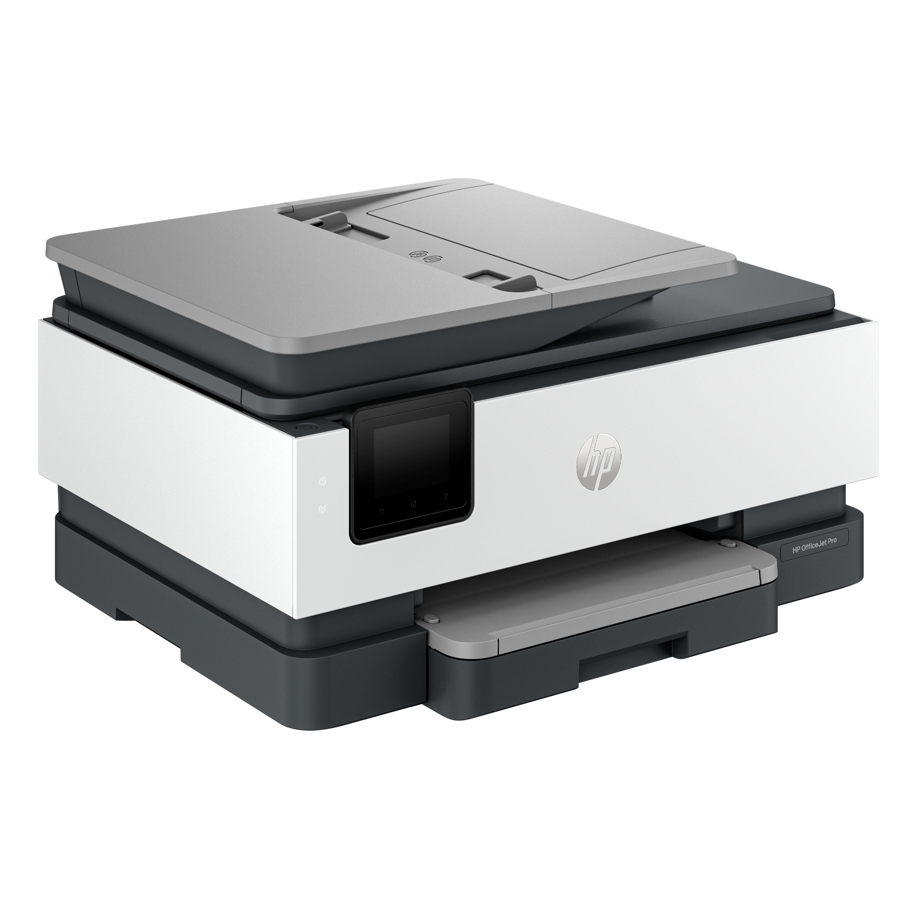 Witte en grijze HP-printer, bovenaanzicht, met een display en papierlade.