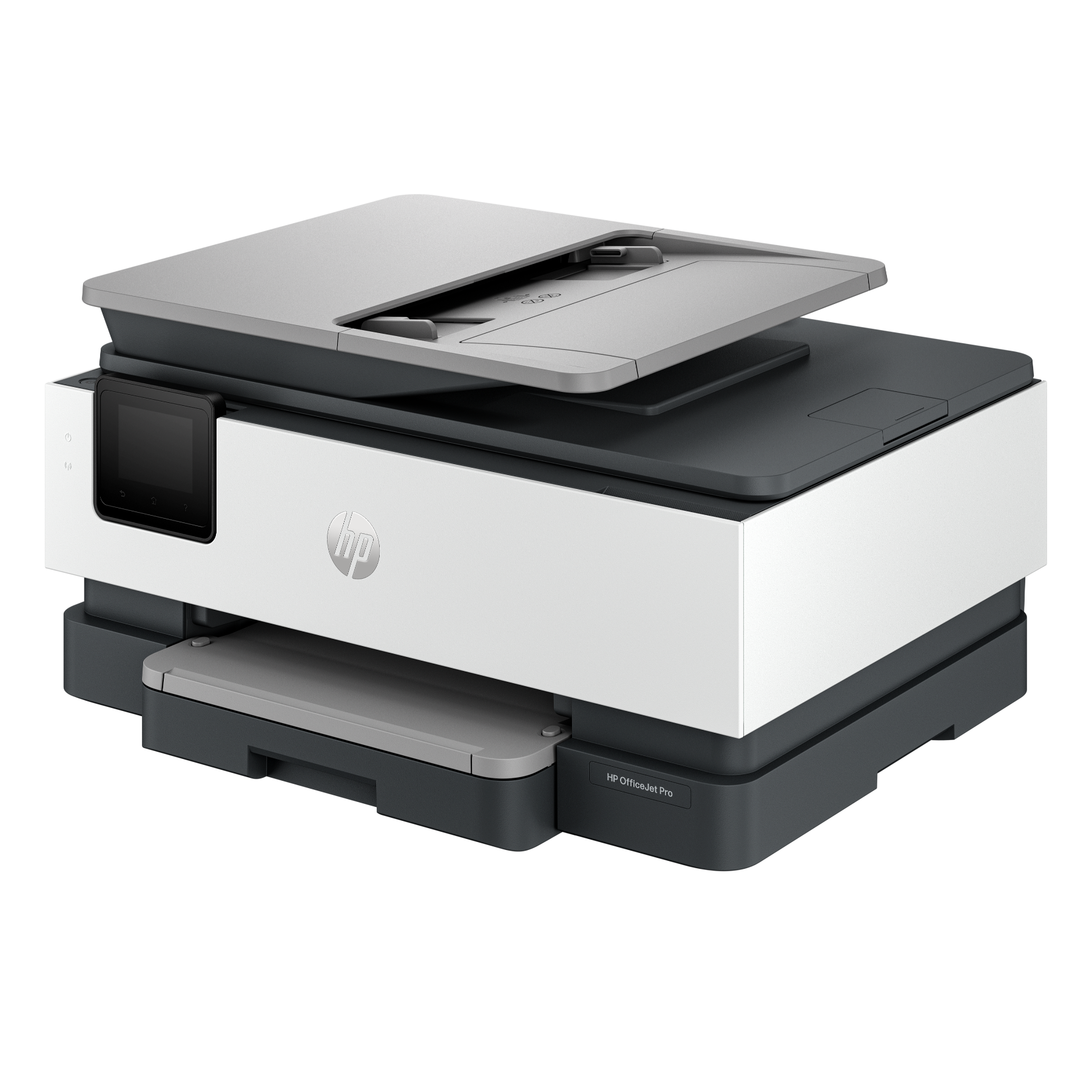 HP OfficeJet Pro printer. Witte en grijze behuizing, open scannerklep, zwarte achtergrond.
