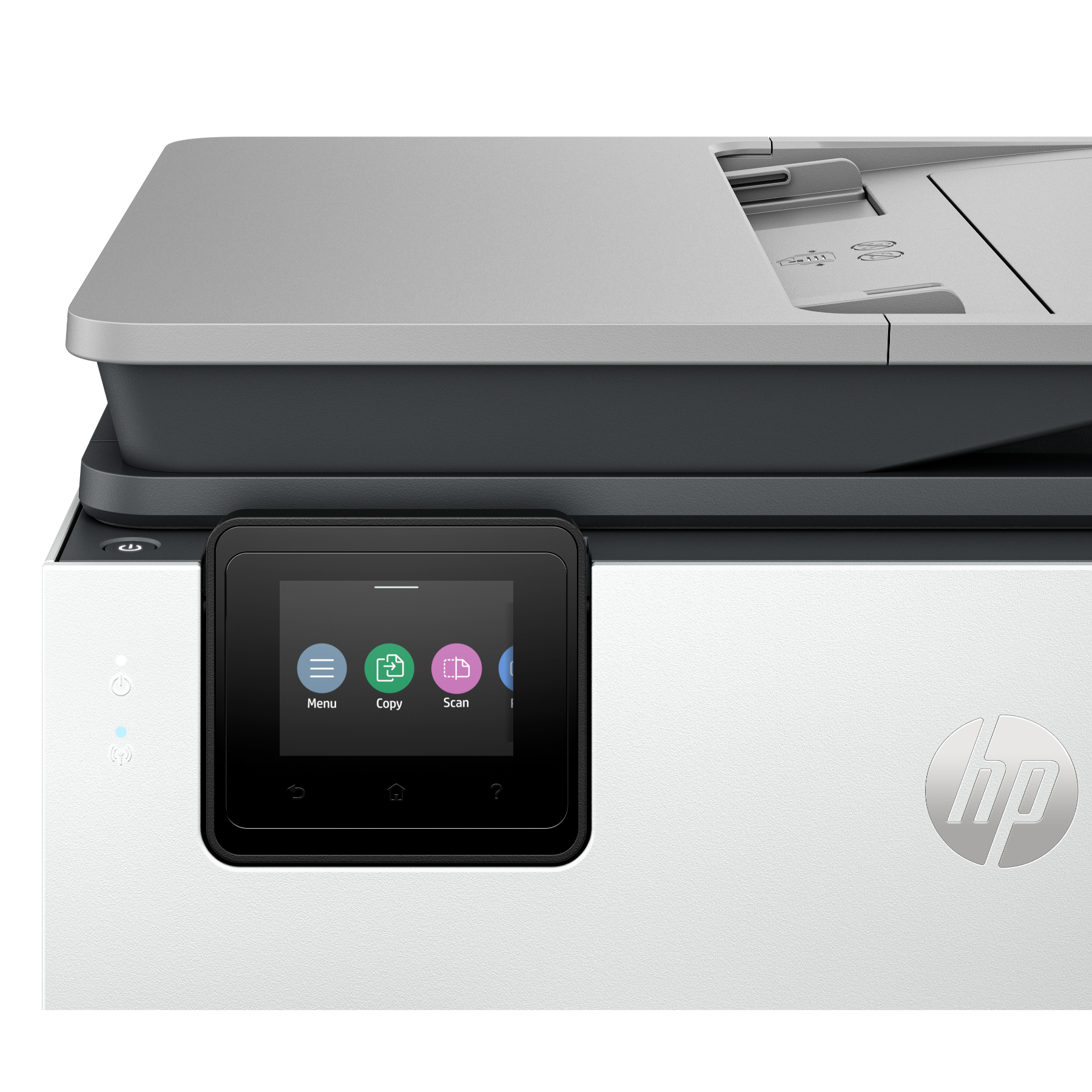 Witte HP-printer met een touchscreen dat menu-opties toont.