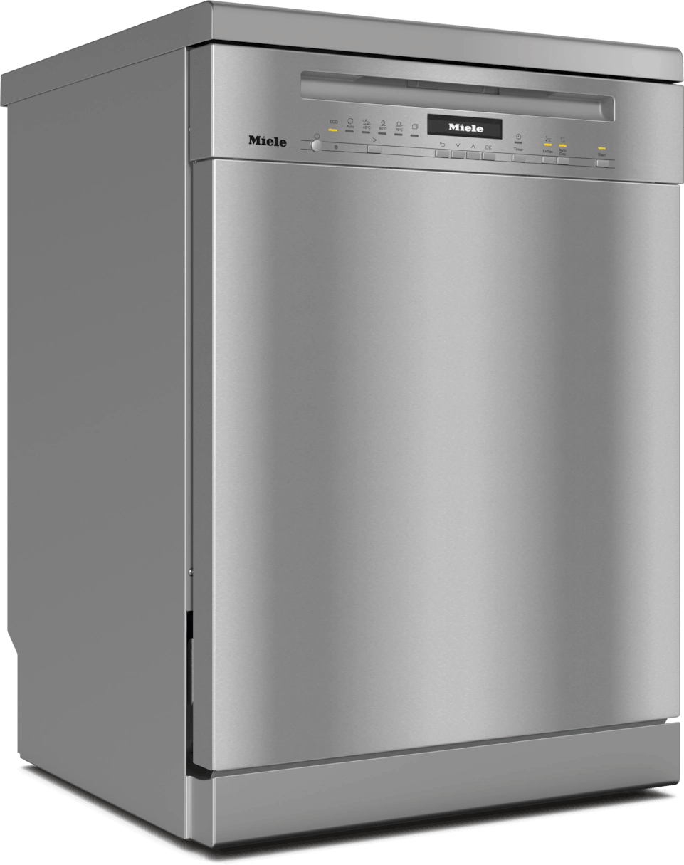 Lavavajillas Miele plateado, vista lateral, con panel de control en la parte superior.