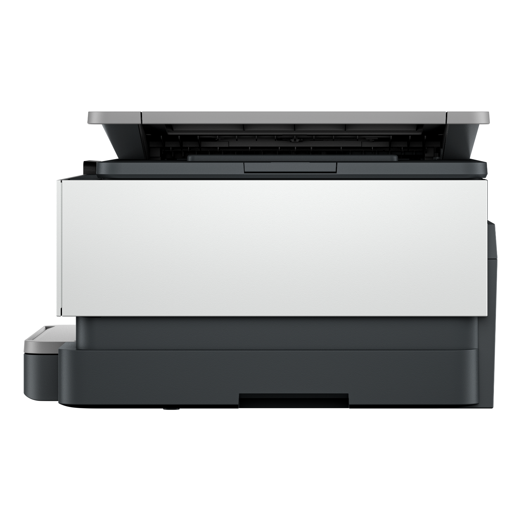 Bovenaanzicht van een printer. Witte behuizing, met zwarte boven- en onderkant.
