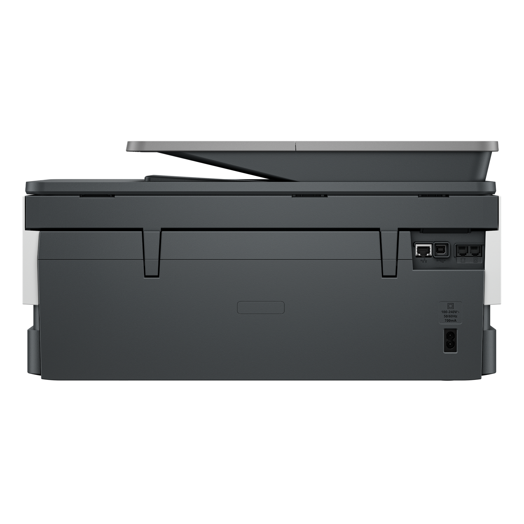De achterkant van een printer met diverse poorten en een stopcontact.