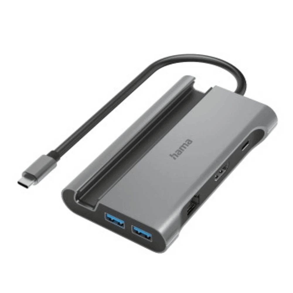 Hub USB-C Hama gris con múltiples puertos, cable negro. Fondo blanco.