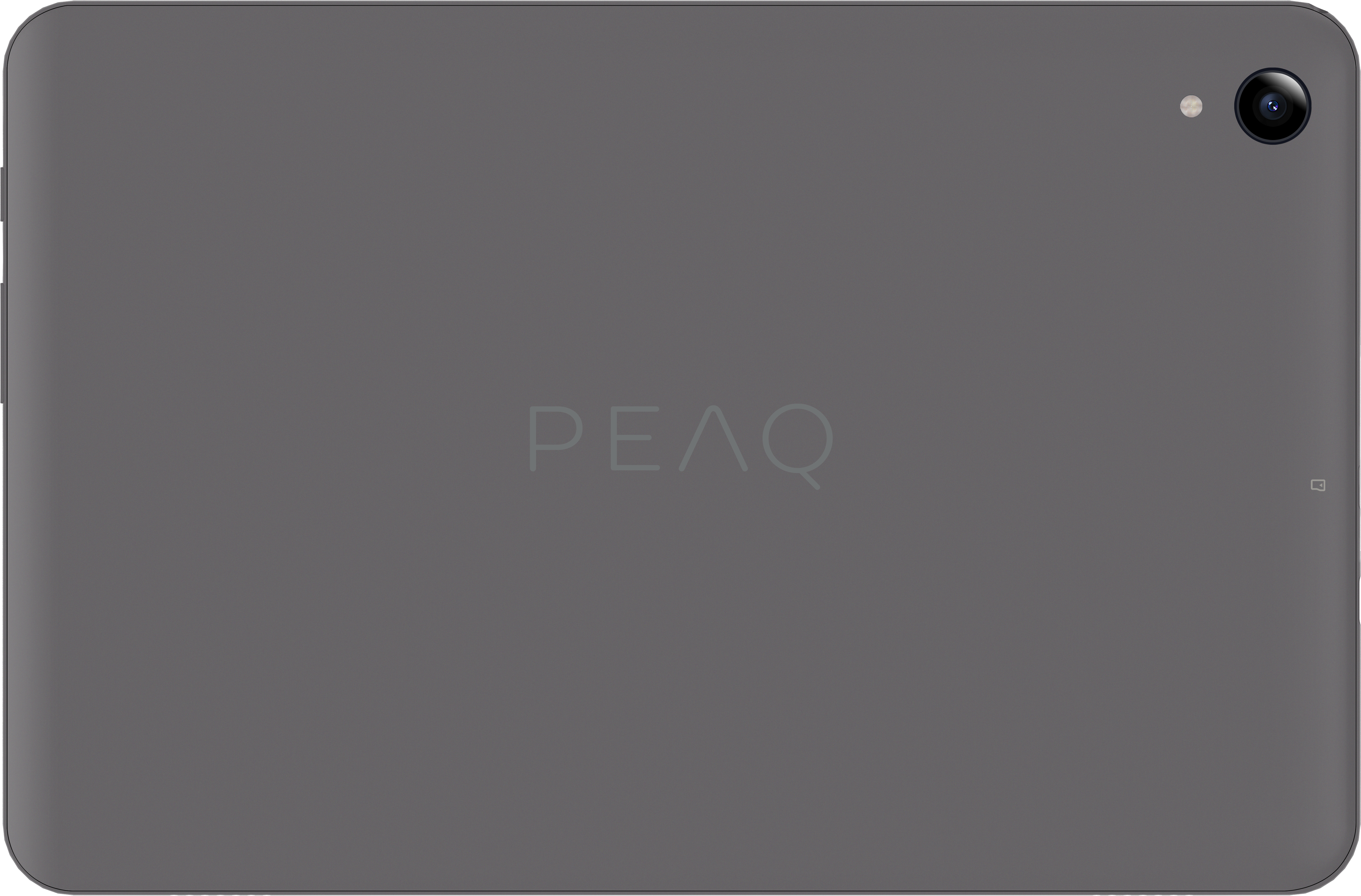 Rückseite eines grauen Tablets mit PEAQ-Logo, Kamera und Taste. Das Tablet hat eine einheitliche graue Farbe.