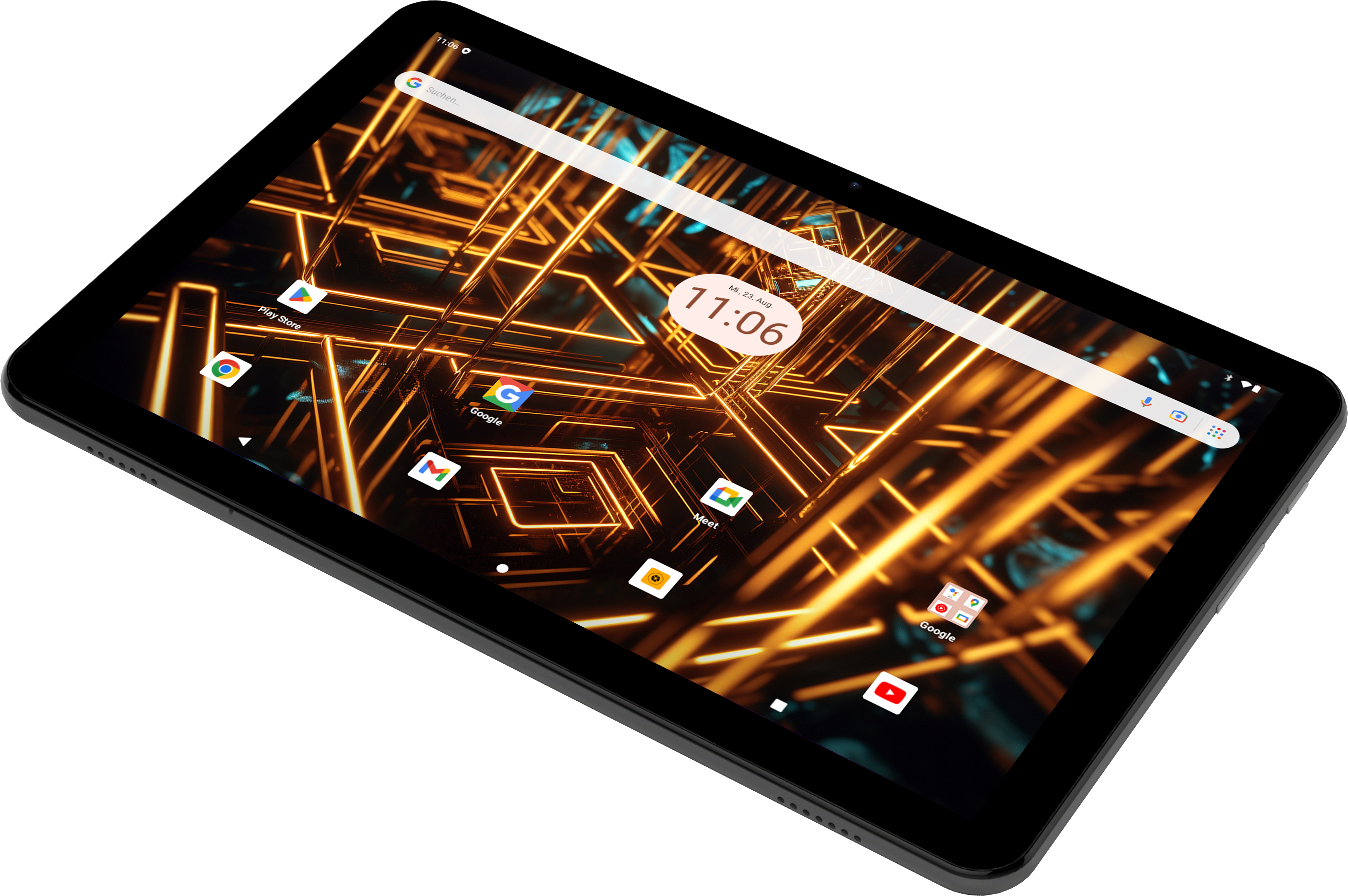 Tablet mit schwarzem Rahmen, zeigt eine moderne Oberfläche mit Apps und Zeit.