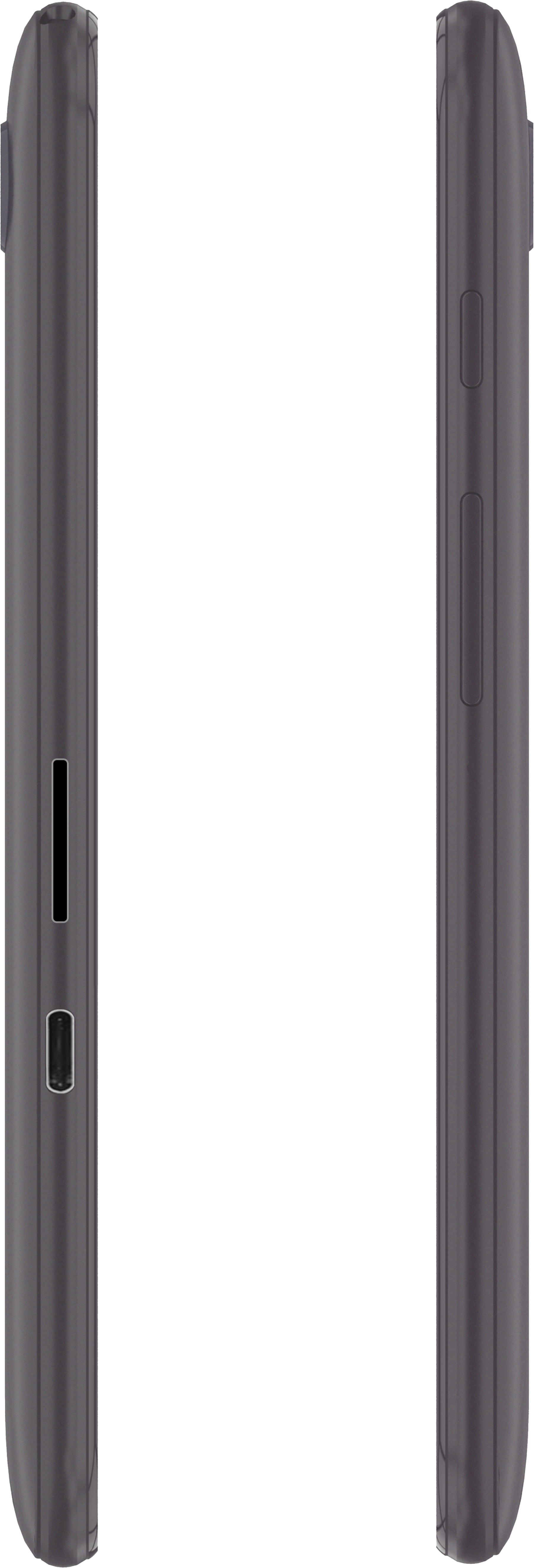 Zwei dunkelgraue Telefonkanten. Eine hat einen SIM-Slot, die andere Knöpfe.