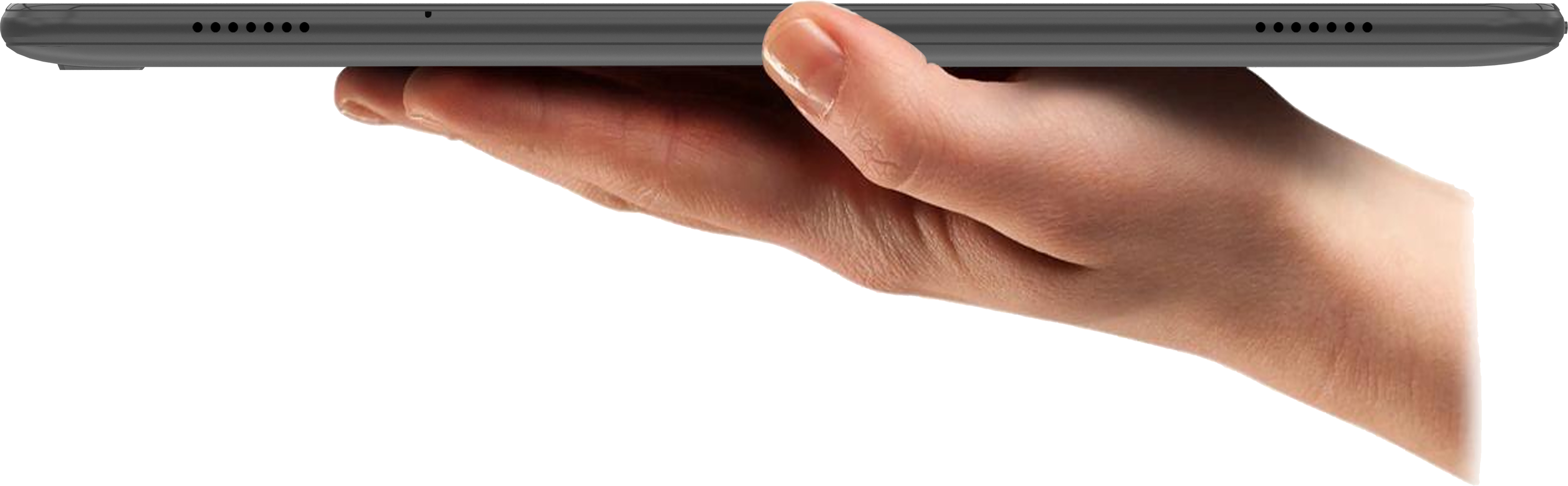 Eine Hand, die ein graues Tablet hält, mit Lautsprechern und Ladeanschluss an der Seite.
