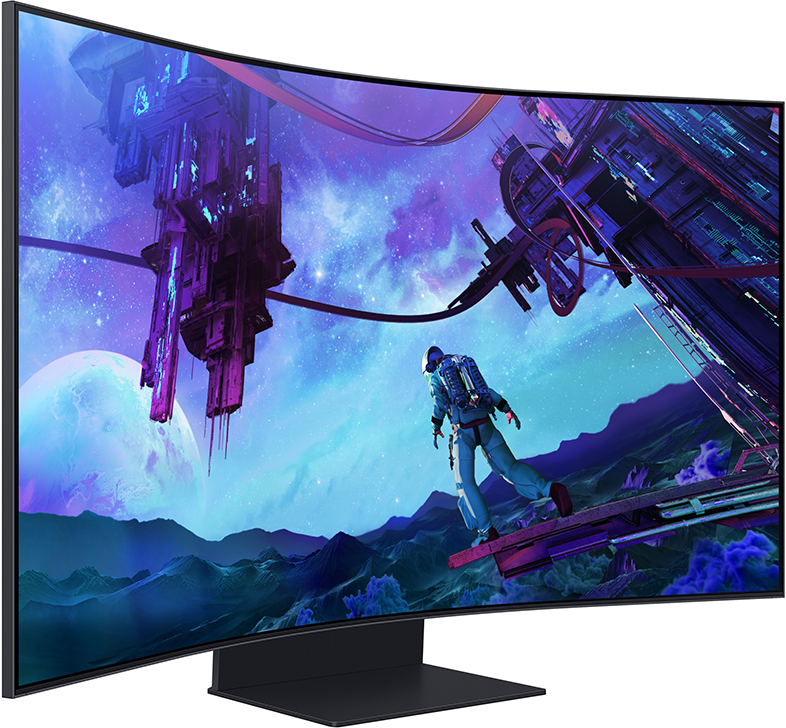 Ívelt gaming monitor, egy űrhajóssal egy futurisztikus jelenetet mutatva.