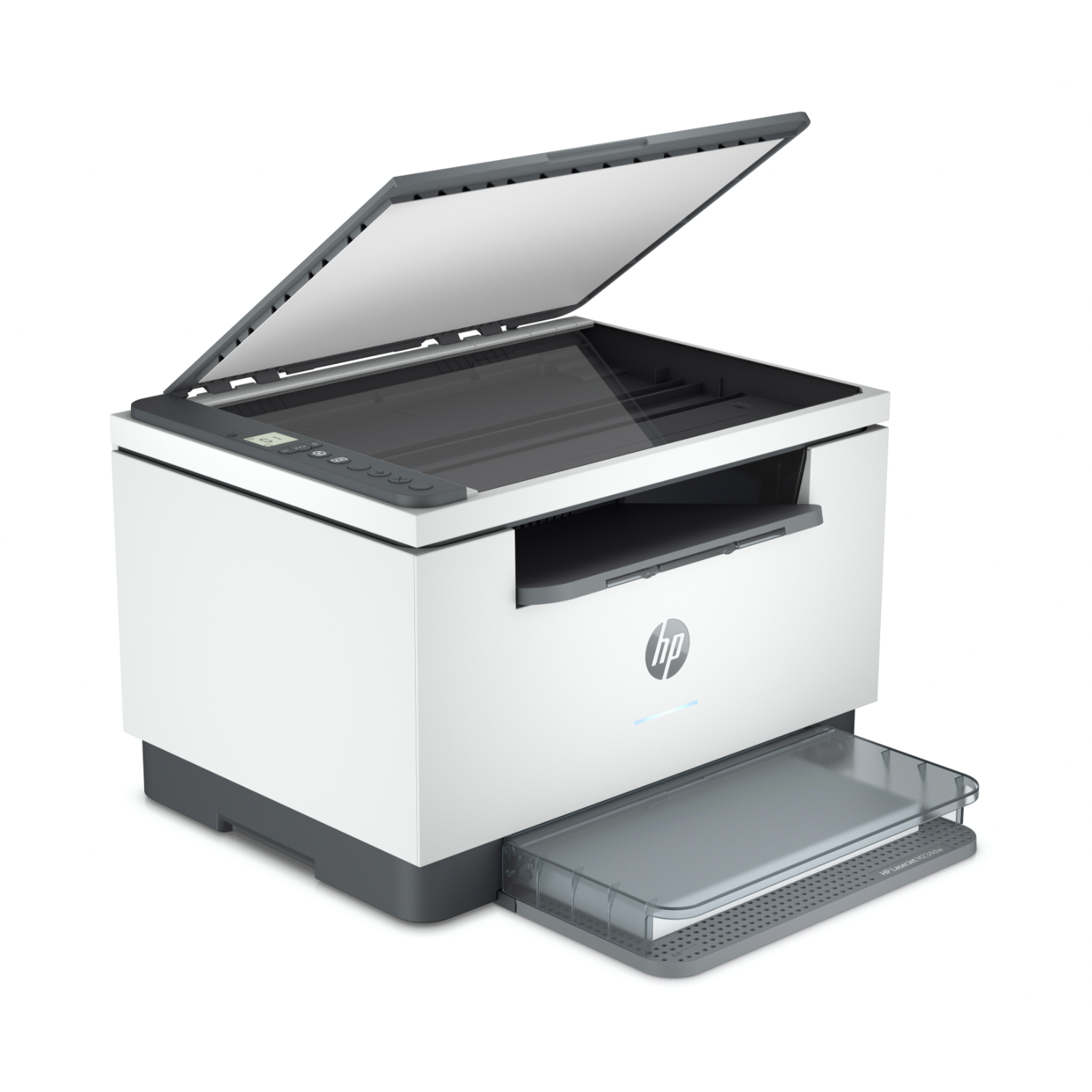 Een witte en grijze HP-printer met een open deksel. Een doorzichtige lade is uitgeschoven.
