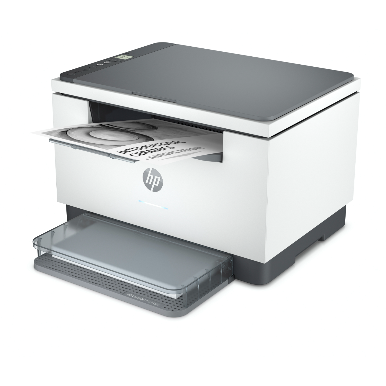 Een wit-grijze printer die een papier afdrukt, zijaanzicht.