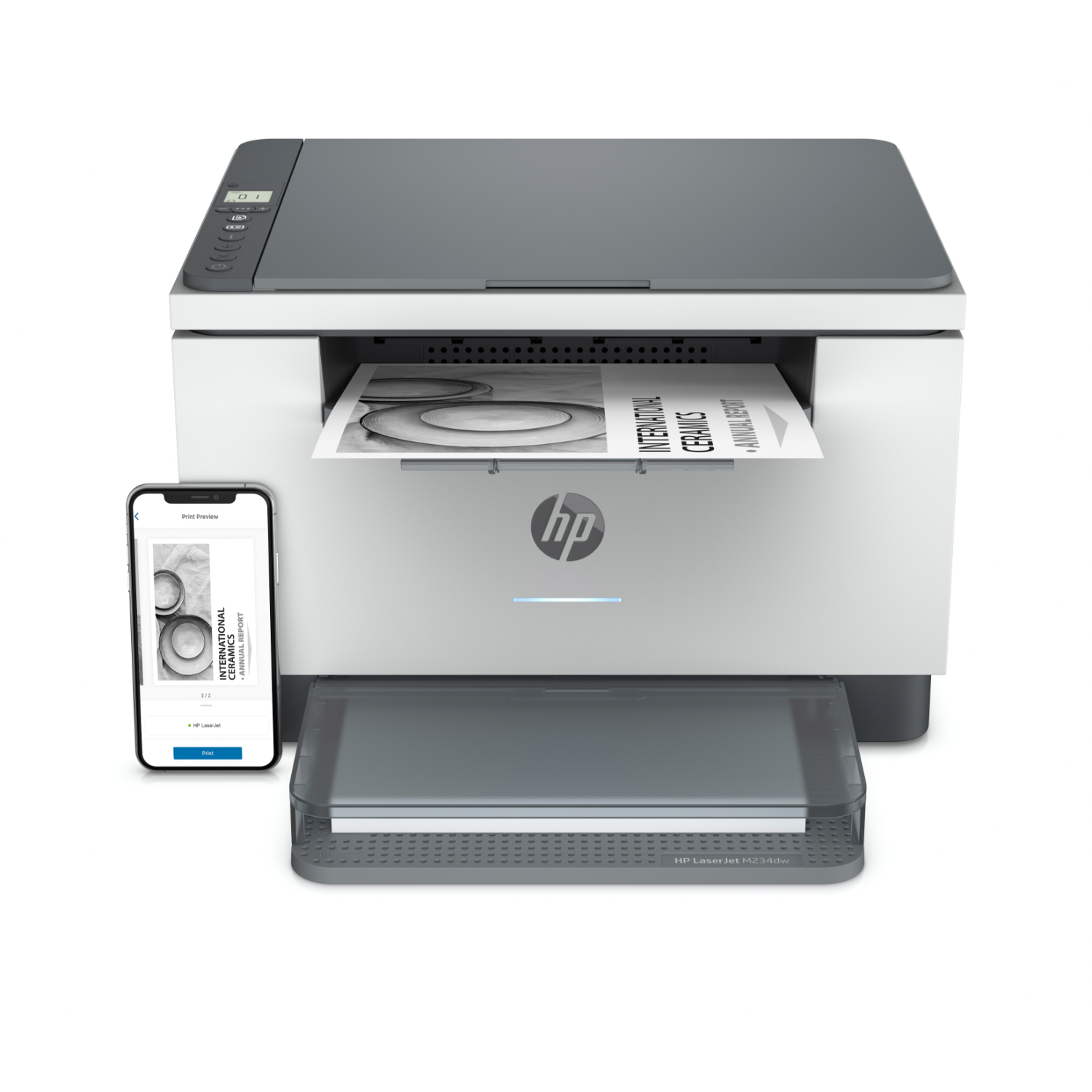 Witte en grijze HP-printer die een rapport afdrukt. Een smartphone toont de afdrukvoorbeeld. Het rapport is voor International Ceramics.