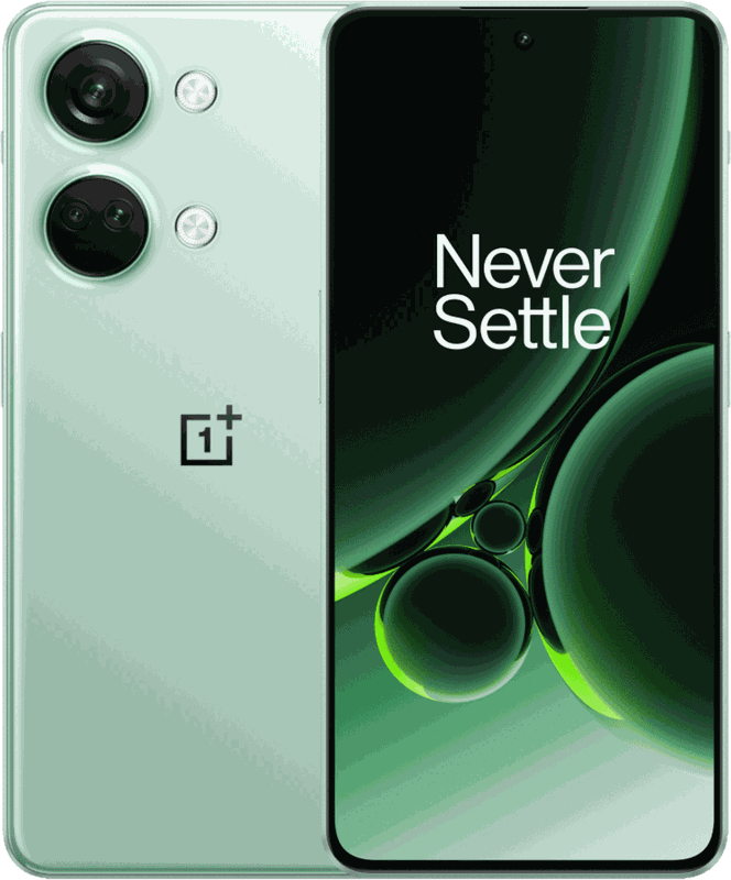 Een groene smartphone met drie camera's, een zwart scherm en de woorden 'Never Settle'.