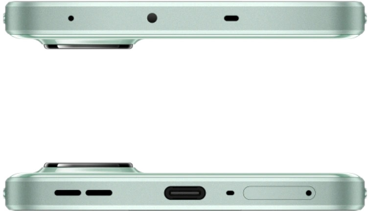 Close-up van de onder- en bovenkant van een mintgroene smartphone, met poorten en knoppen.