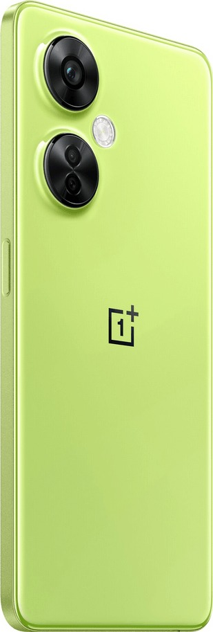 A green phone with three camera lenses, a flash, and a logo on the back. It is on a white background.