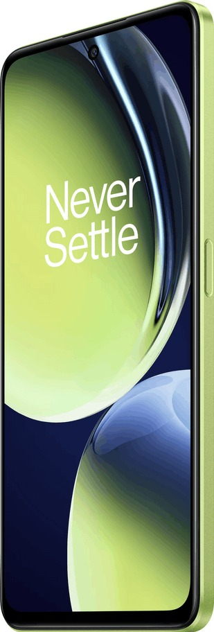 Green phone shows Never Settle text. The background has green and blue abstract shapes.