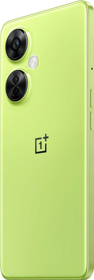 Lime green smartphone with two camera lenses and a OnePlus logo on the back.